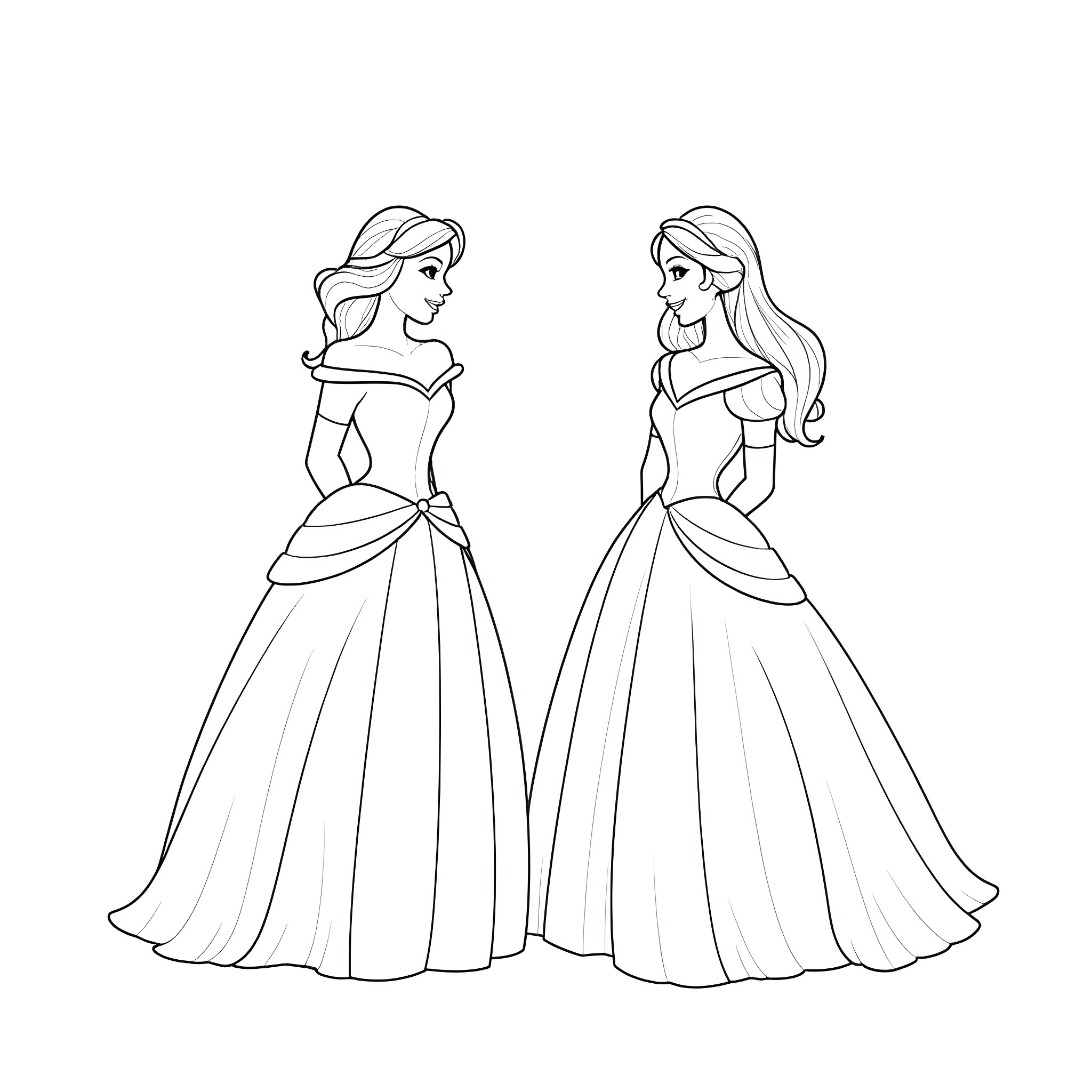 Princess Sharing a Laugh with Another Princess Coloring Page (free black-and-white line drawing printable PDF for all, from beginners to advanced learners, including children, teens, adults, and seniors)