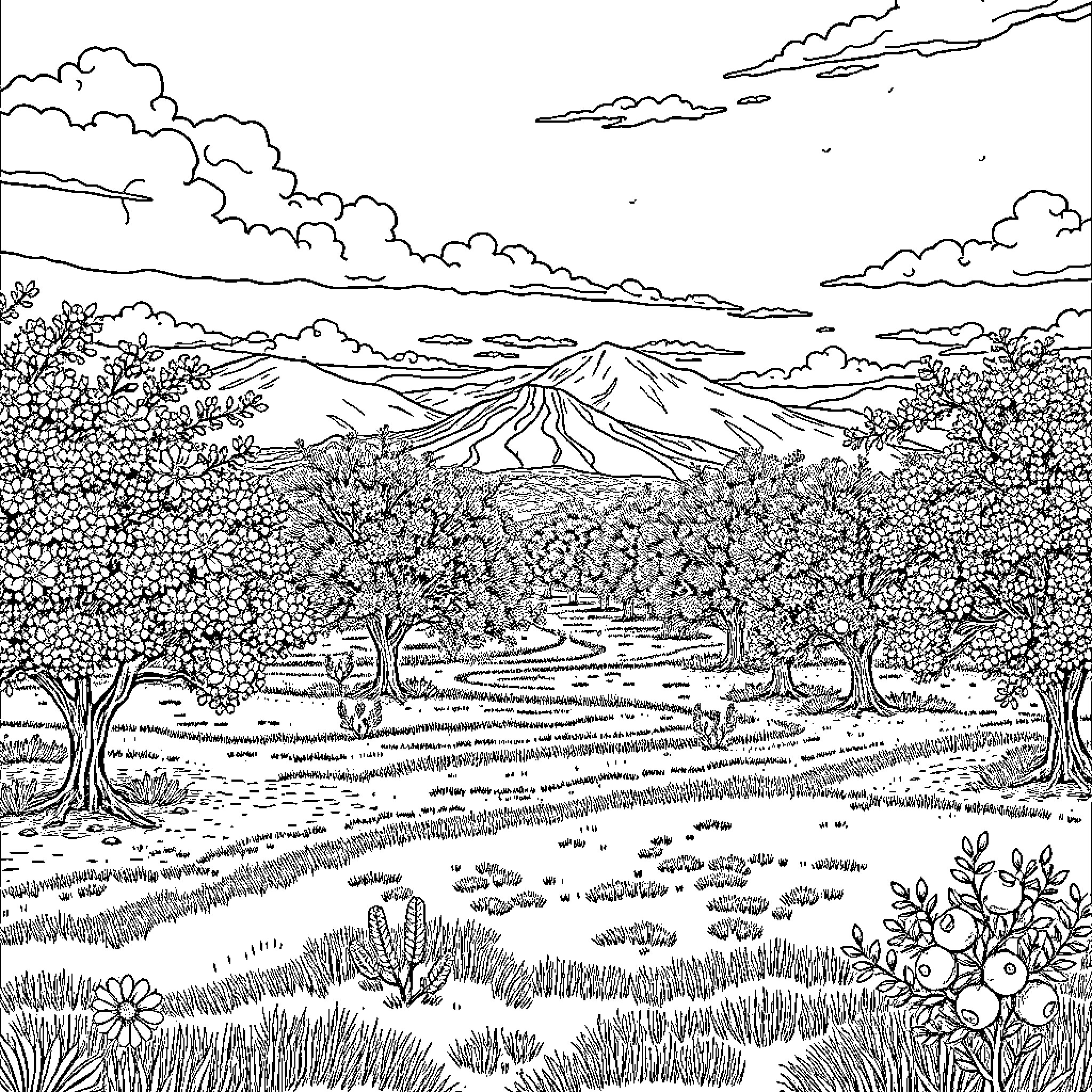 Olive's Scenic Mountain Landscape Coloring Page (free black-and-white line drawing printable PDF for all, from beginners to advanced learners, including children, teens, adults, and seniors)