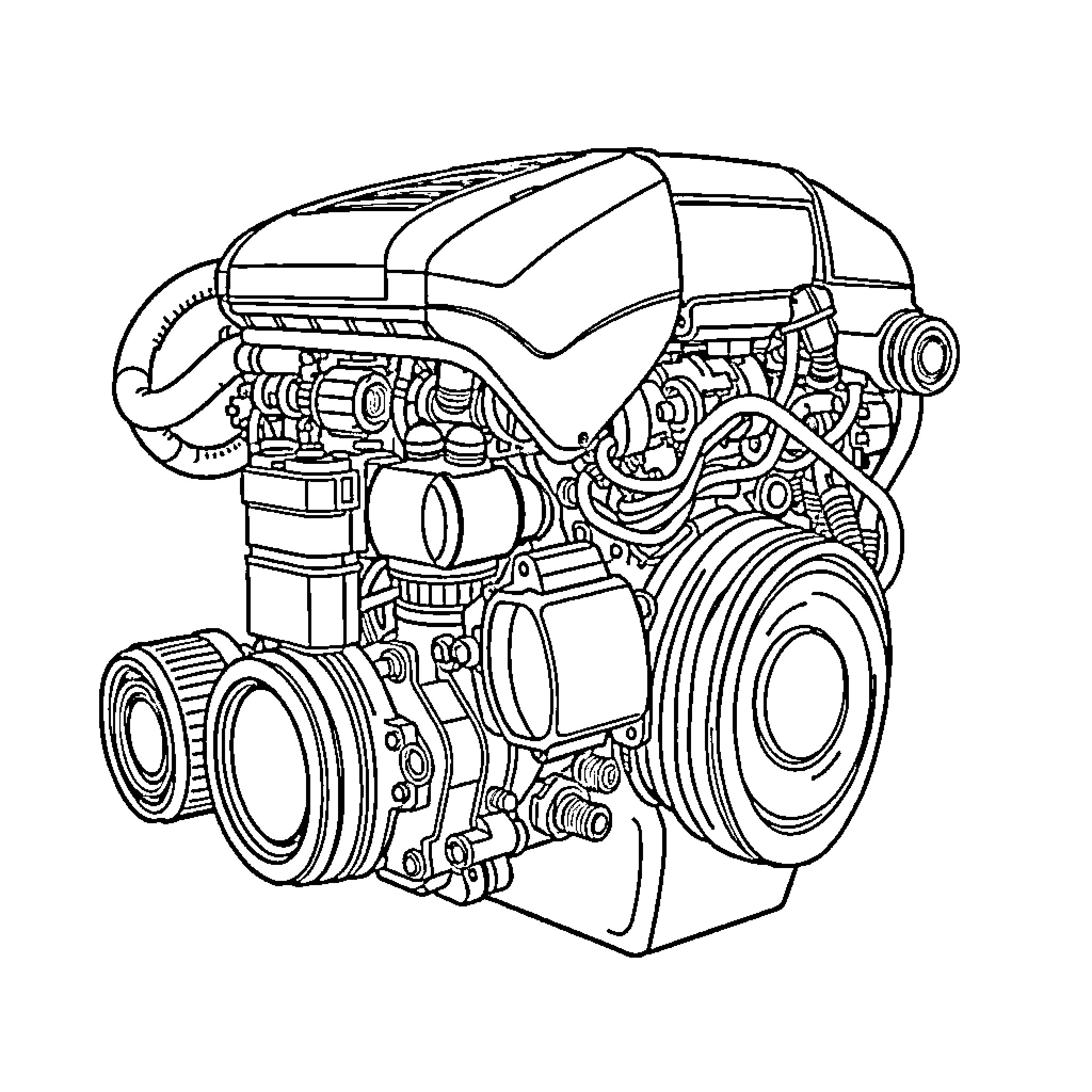 Powerstroke engine in detailed line art Coloring Page (free black-and-white line drawing printable PDF for all, from beginners to advanced learners, including children, teens, adults, and seniors)