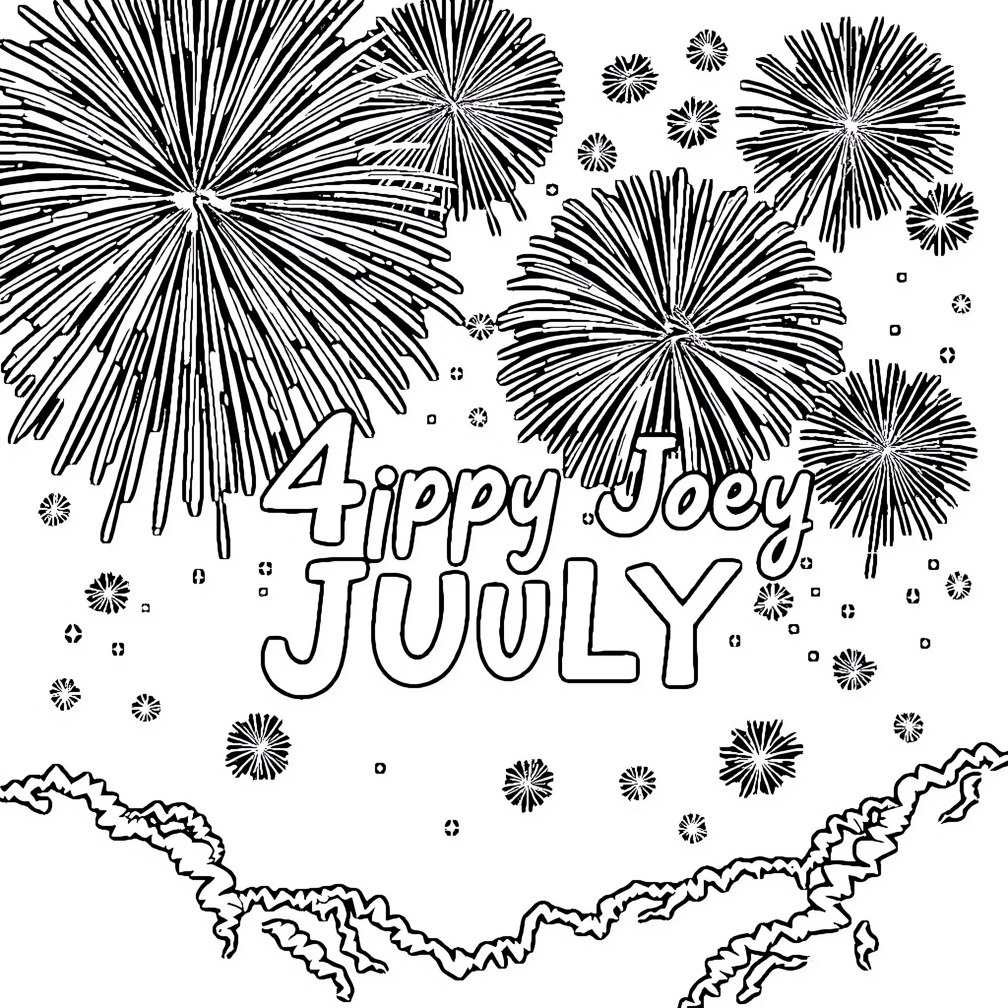 Fourth of July fireworks display and celebration Coloring Page (free black-and-white line drawing printable PDF for all, from beginners to advanced learners, including children, teens, adults, and seniors)