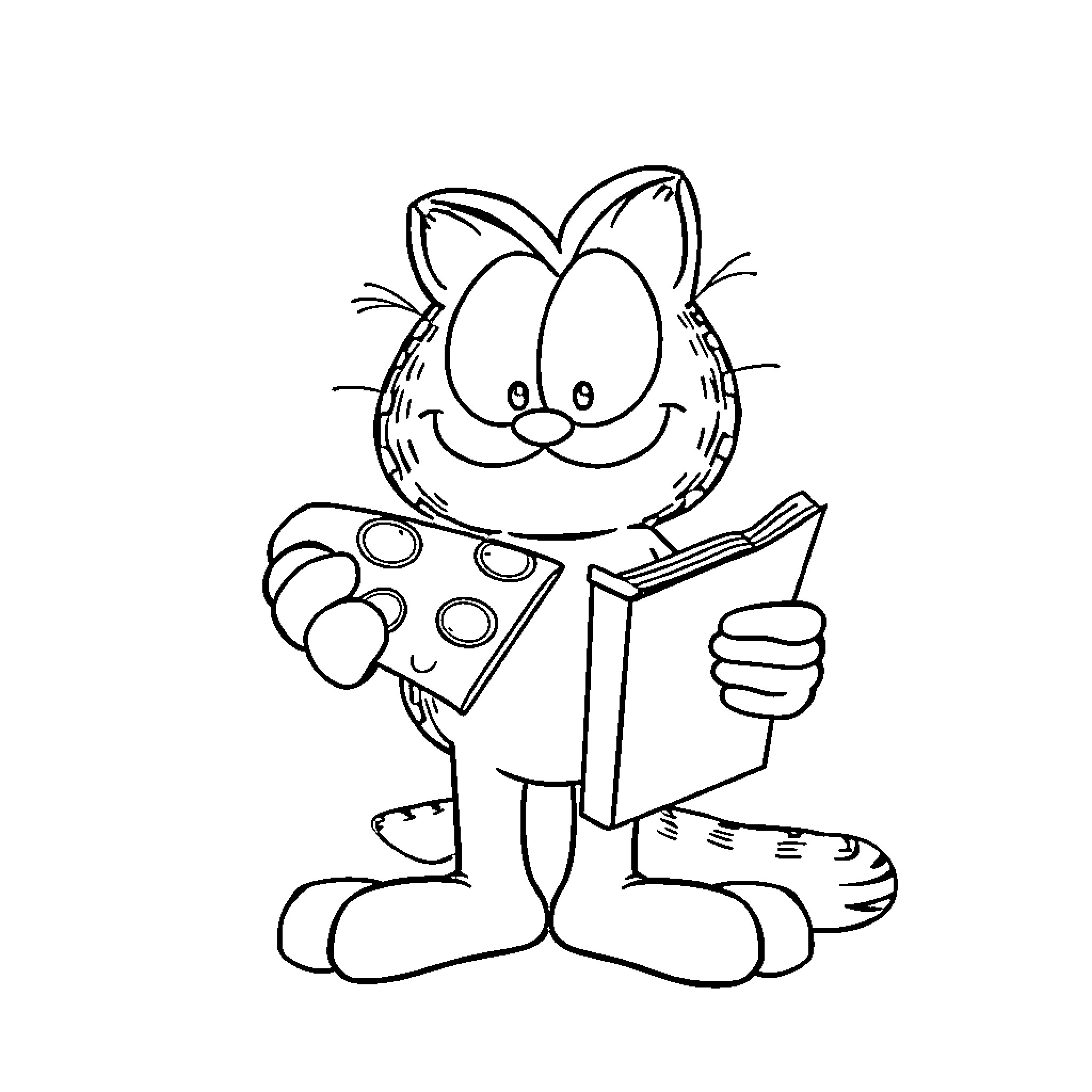 Garfield reading a book with a slice of pizza Coloring Page (free black-and-white line drawing printable PDF for all, from beginners to advanced learners, including children, teens, adults, and seniors)