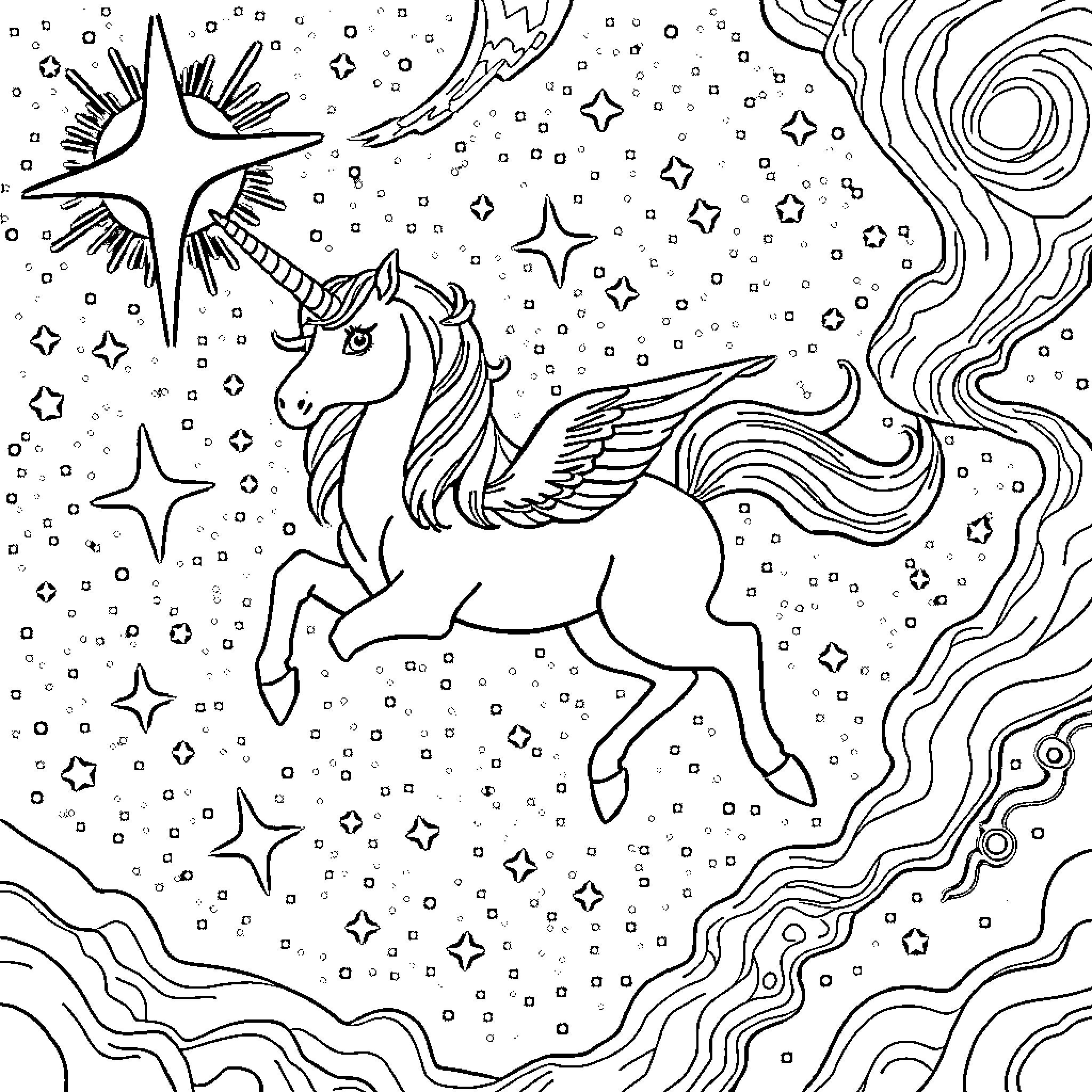 Unicorn dancing in the starry night sky Coloring Page (free black-and-white line drawing printable PDF for all, from beginners to advanced learners, including children, teens, adults, and seniors)