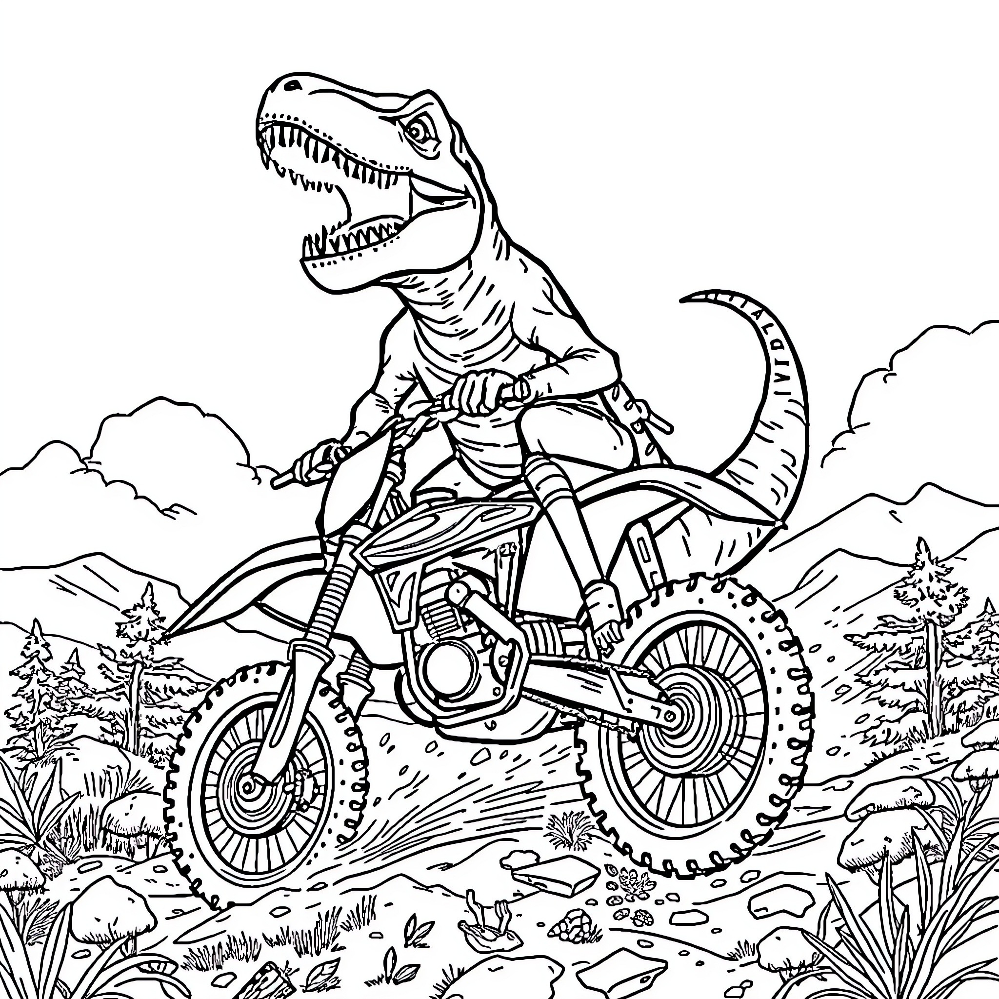 Indominus Rex riding a motorcycle through the wilderness Coloring Page (free black-and-white line drawing printable PDF for all, from beginners to advanced learners, including children, teens, adults, and seniors)