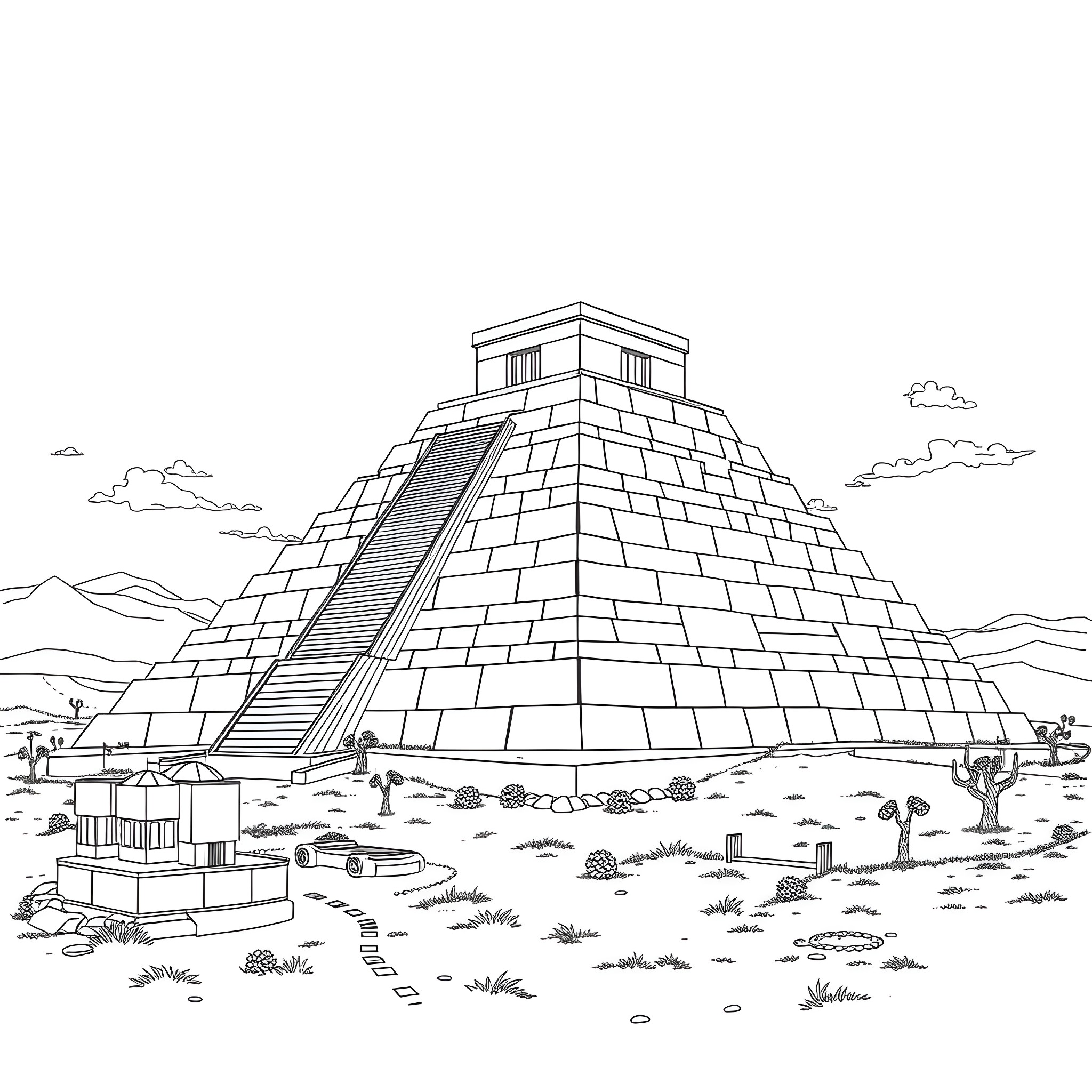 Dur-Kurigalzu: Ancient Pyramid in the Landscape Coloring Page (free black-and-white line drawing printable PDF for all, from beginners to advanced learners, including children, teens, adults, and seniors)