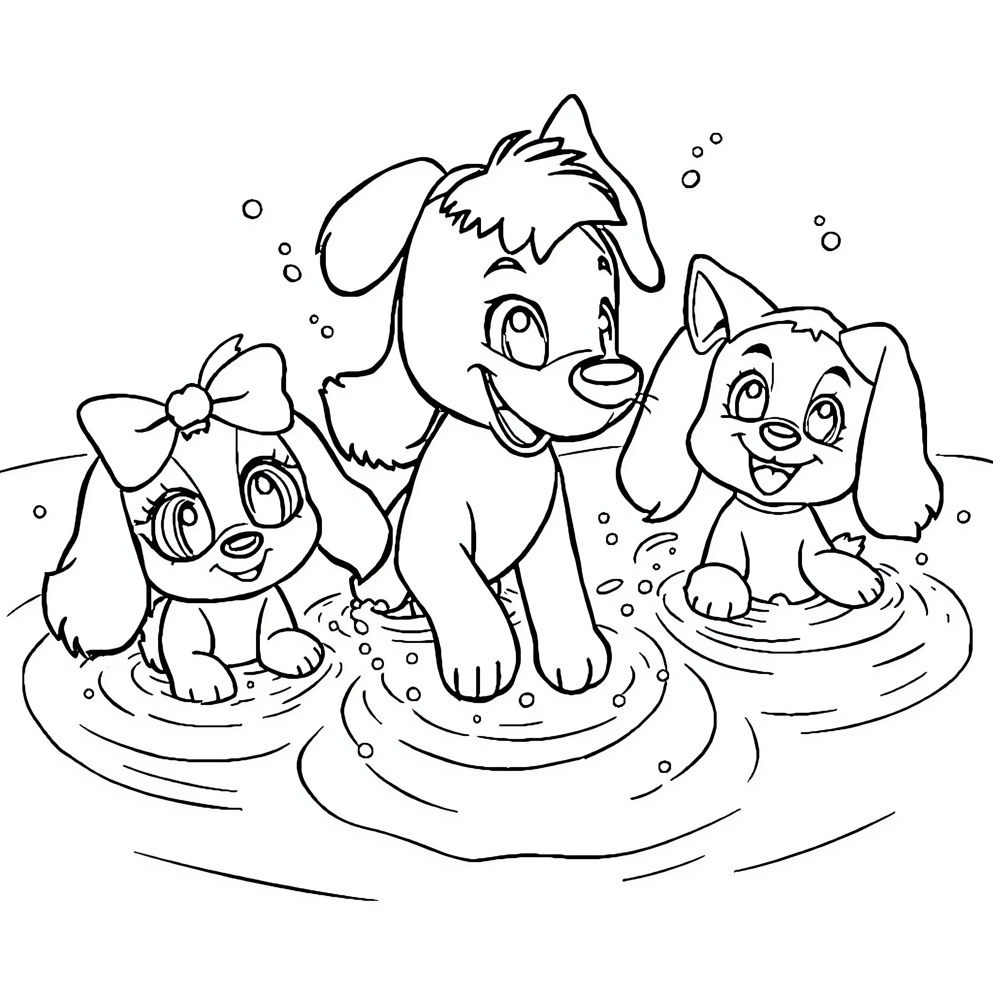 Bluey and friends playing in the water Coloring Page (free black-and-white line drawing printable PDF for all, from beginners to advanced learners, including children, teens, adults, and seniors)