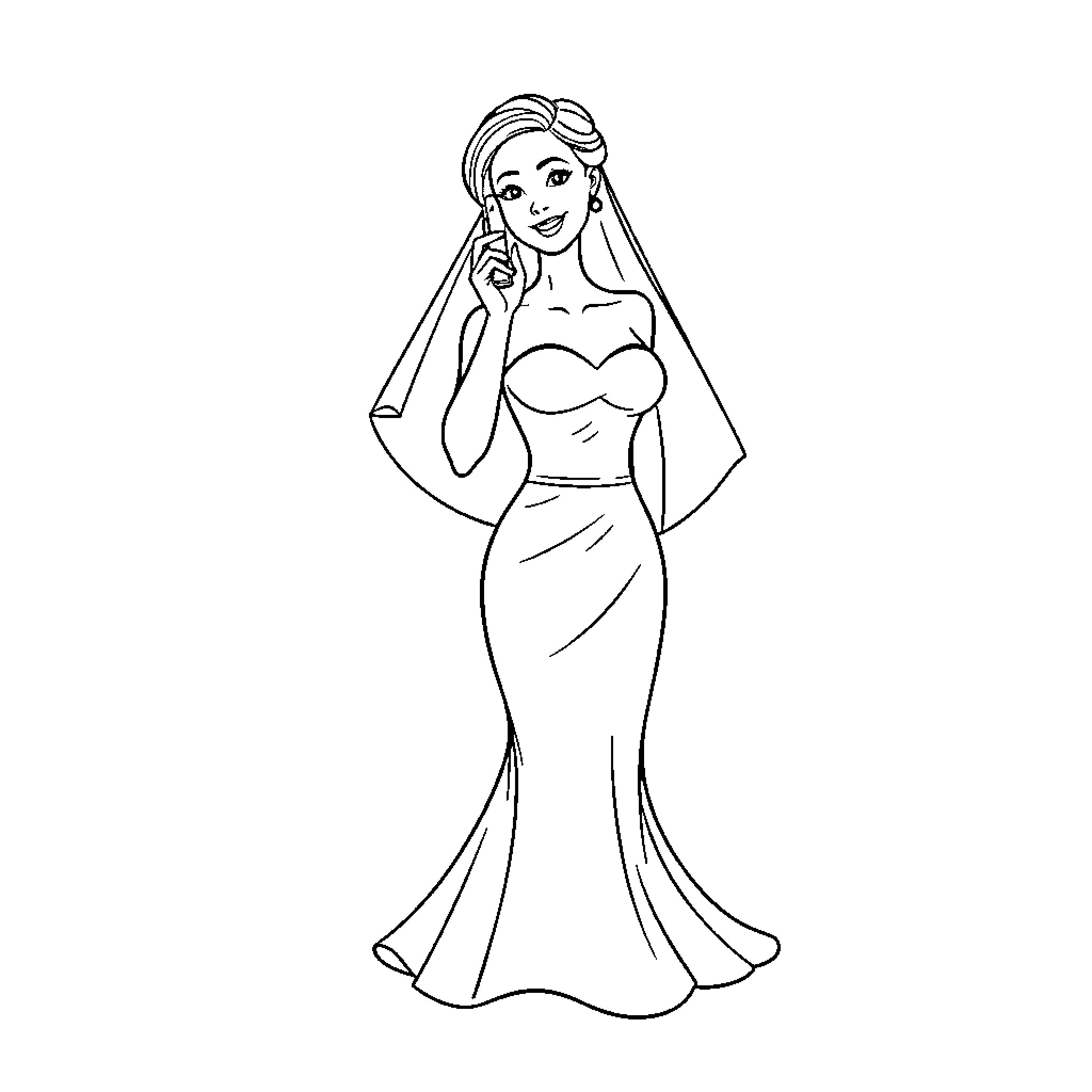 Bride in elegant gown posing gracefully Coloring Page (free black-and-white line drawing printable PDF for all, from beginners to advanced learners, including children, teens, adults, and seniors)