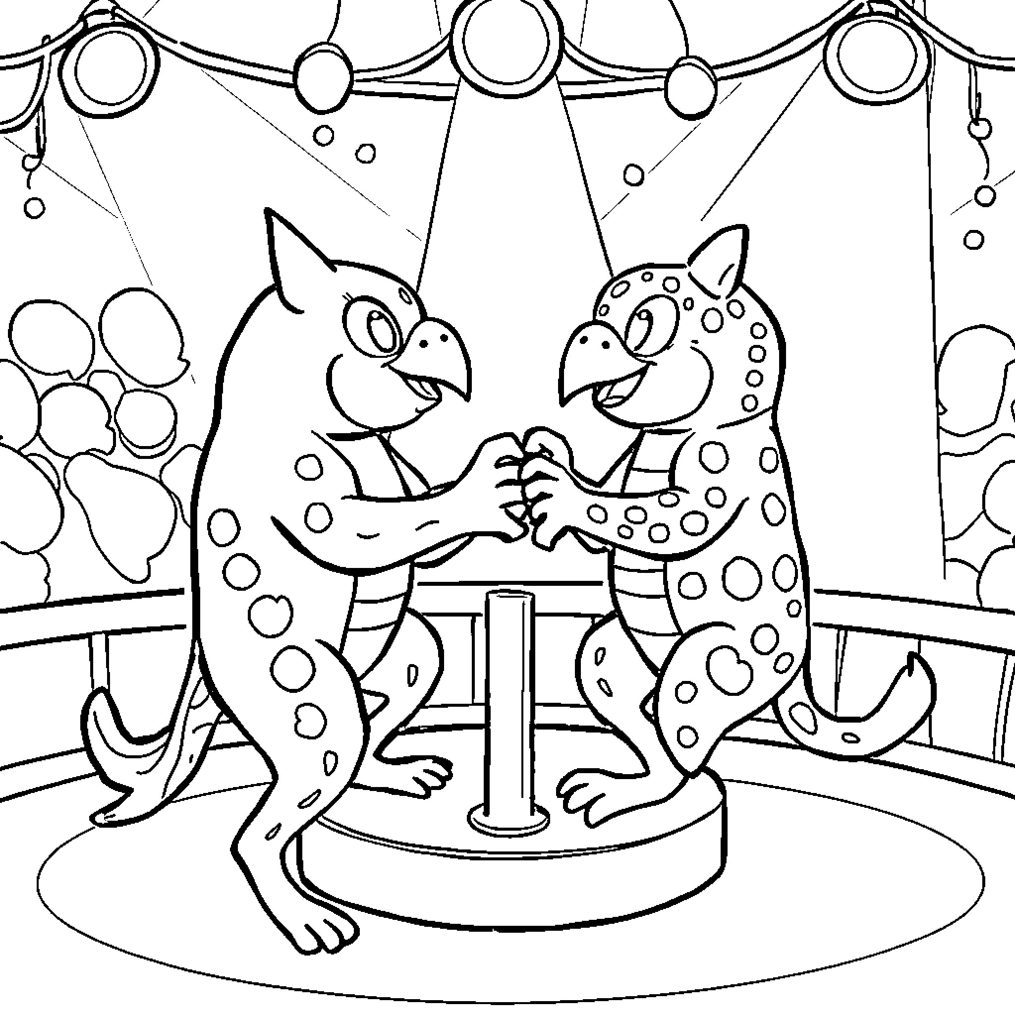Goo Jit Zu Leopards Playfully Interacting in Circus Coloring Page (free black-and-white line drawing printable PDF for all, from beginners to advanced learners, including children, teens, adults, and seniors)