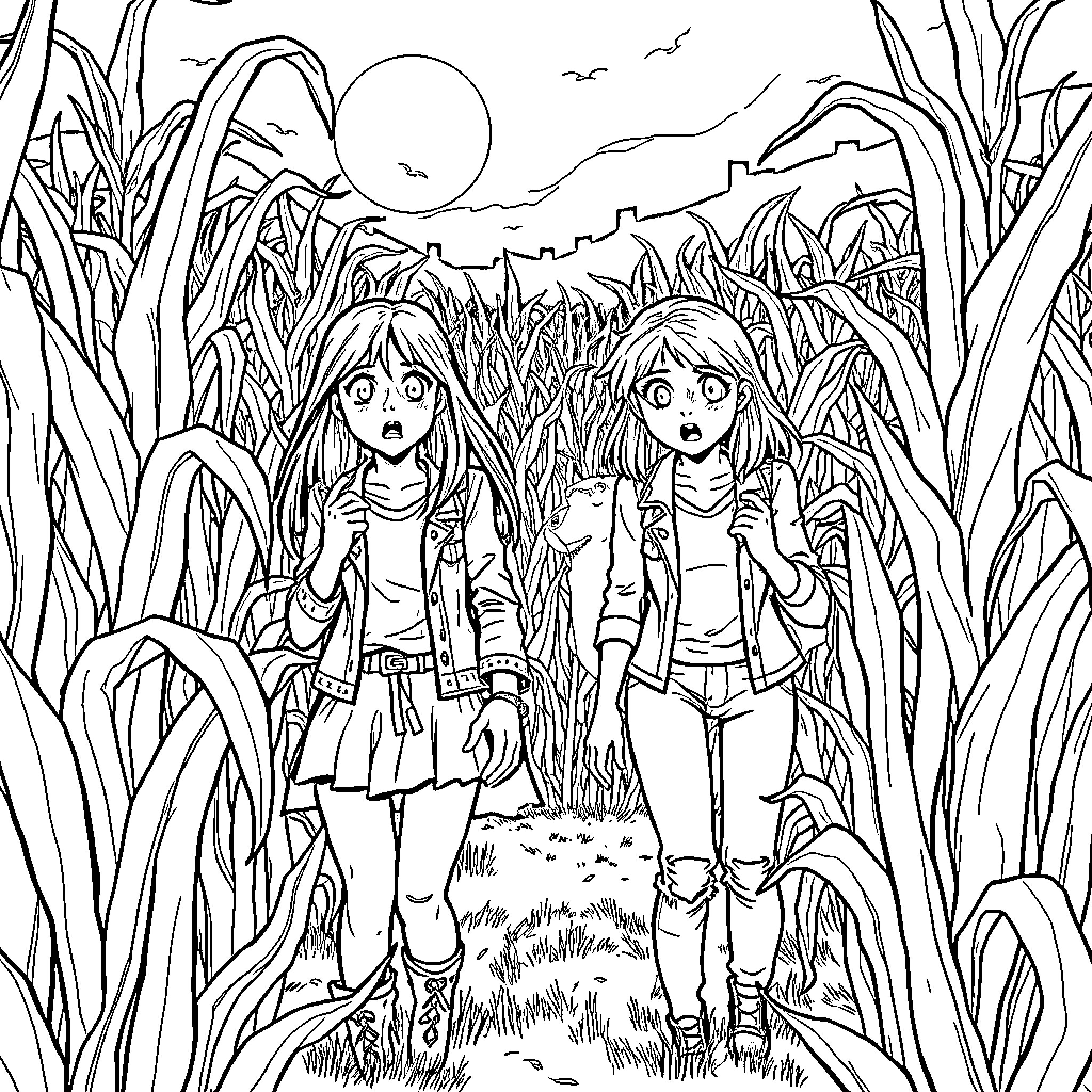 Girls exploring the enchanted forest Coloring Page (free black-and-white line drawing printable PDF for all, from beginners to advanced learners, including children, teens, adults, and seniors)