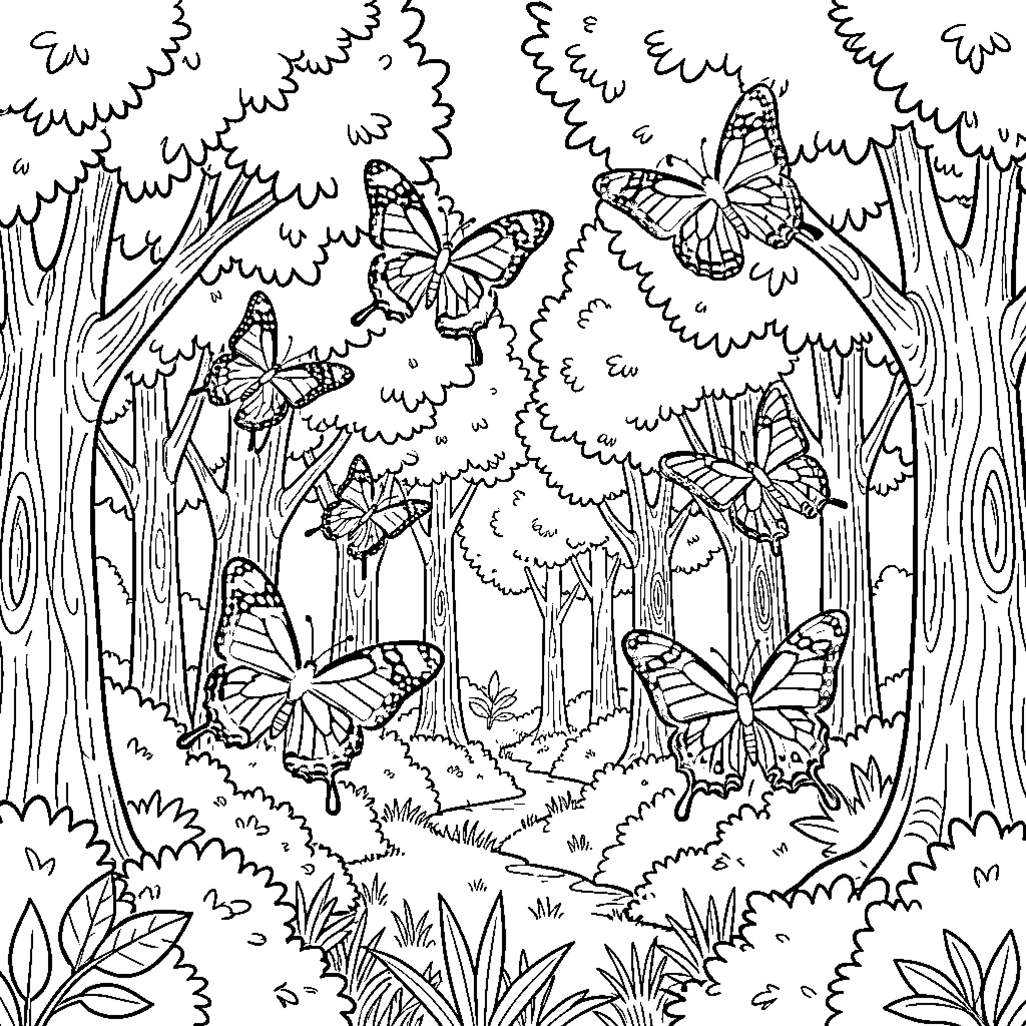 Butterfly Fantasy Forest Scene Coloring Page (free black-and-white line drawing printable PDF for all, from beginners to advanced learners, including children, teens, adults, and seniors)