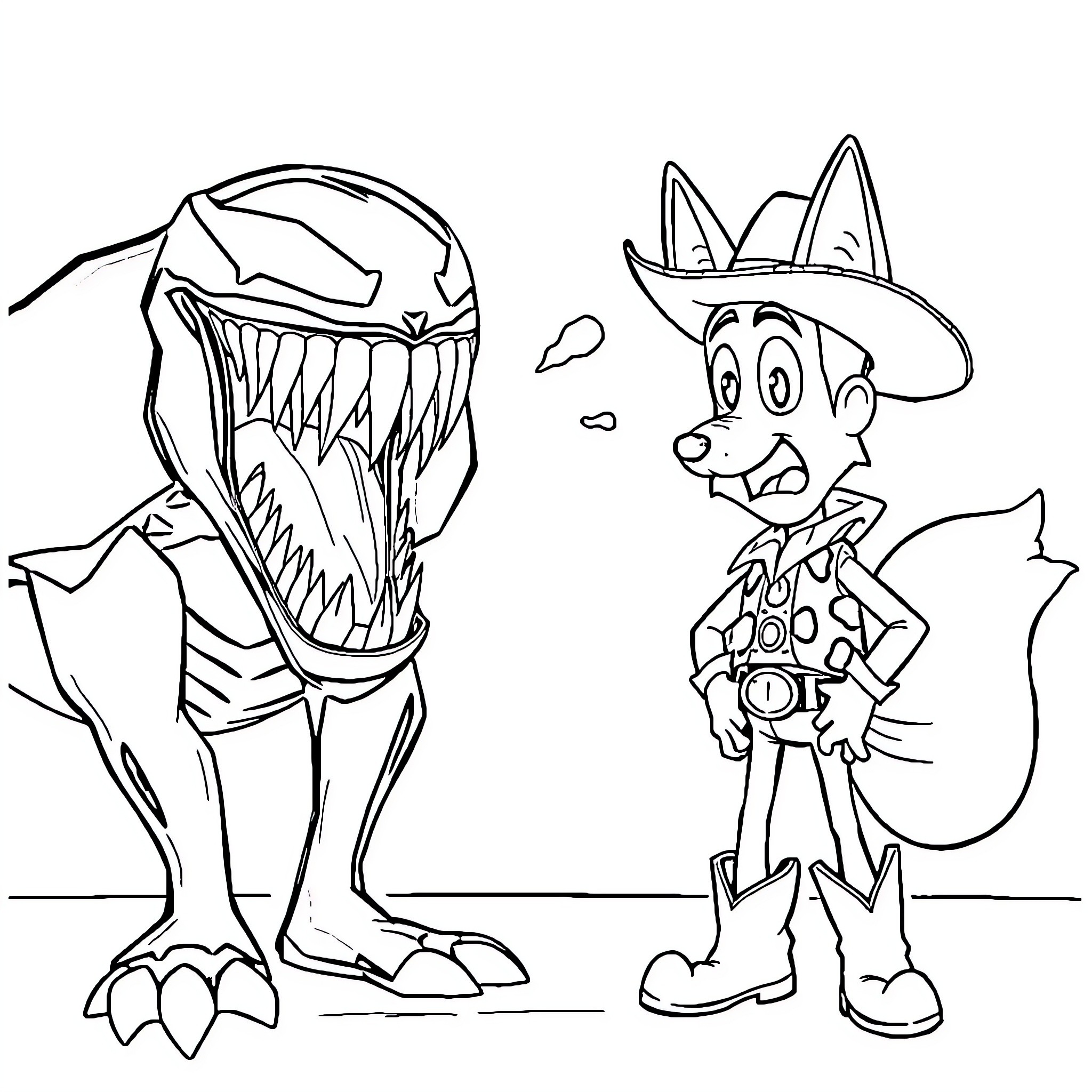 Venom confronting a cowboy-style character Coloring Page (free black-and-white line drawing printable PDF for all, from beginners to advanced learners, including children, teens, adults, and seniors)
