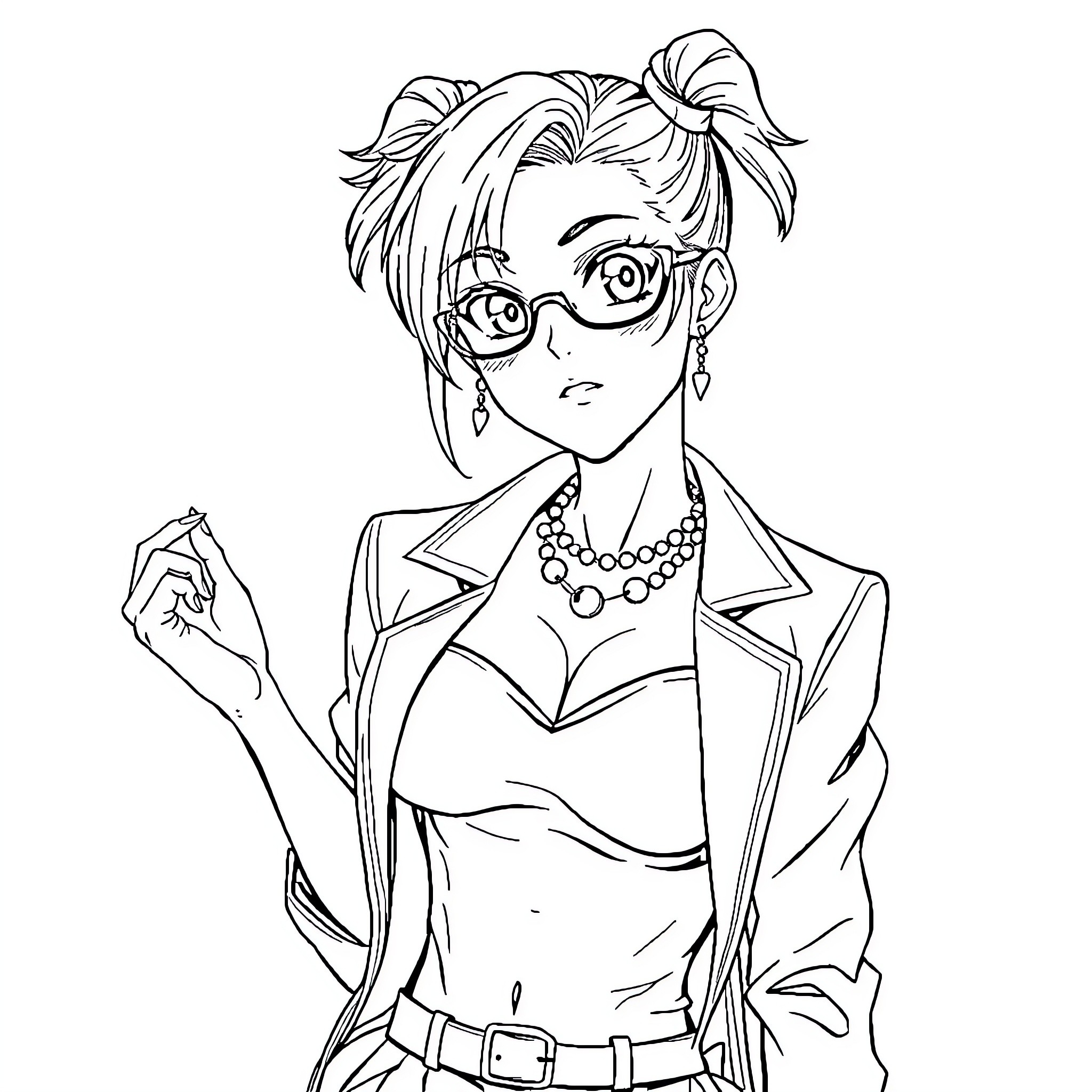 Sakura Manga-Style Character with Glasses and Accessories Coloring Page (free black-and-white line drawing printable PDF for all, from beginners to advanced learners, including children, teens, adults, and seniors)