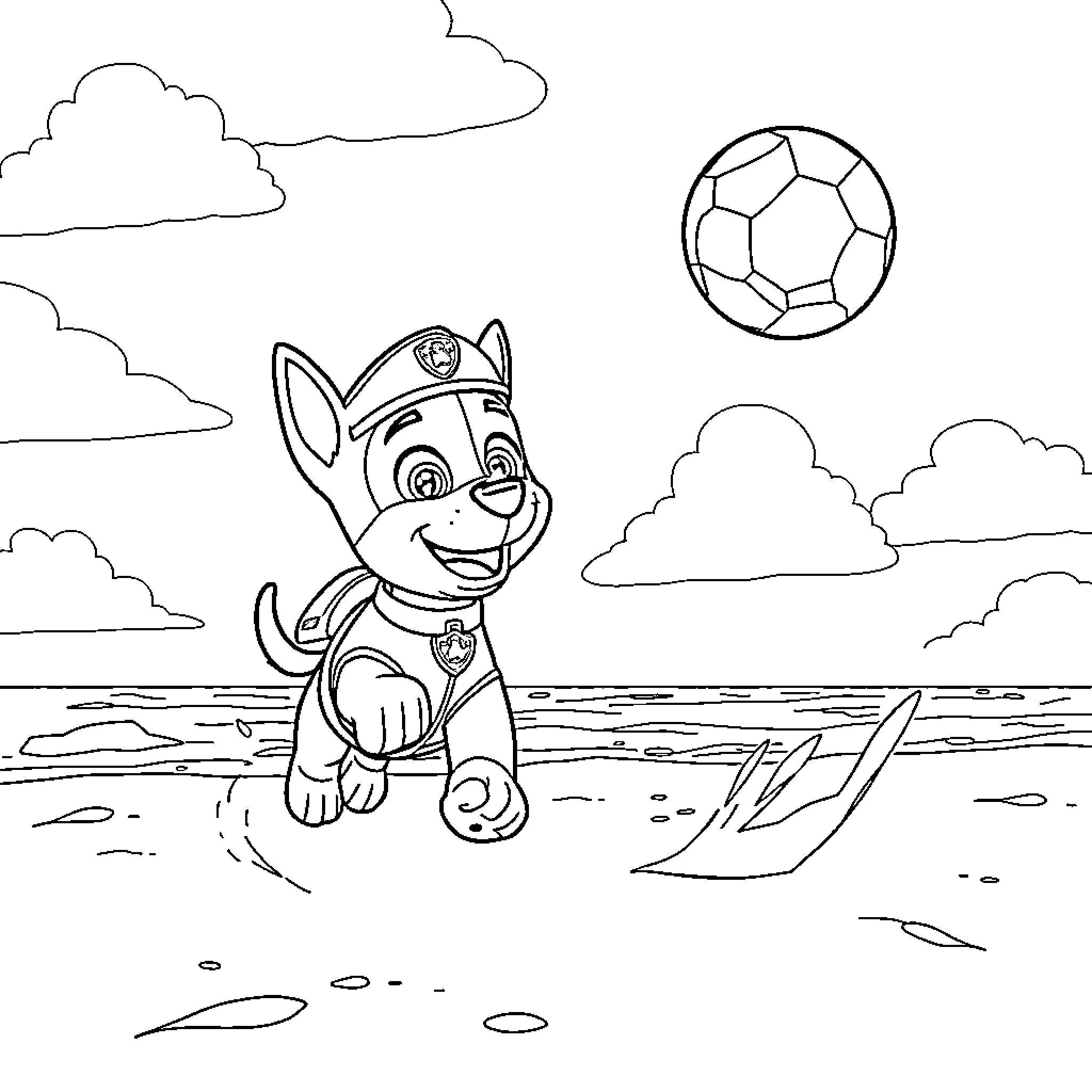 Chase the Pup's Beach Adventure Coloring Page (free black-and-white line drawing printable PDF for all, from beginners to advanced learners, including children, teens, adults, and seniors)