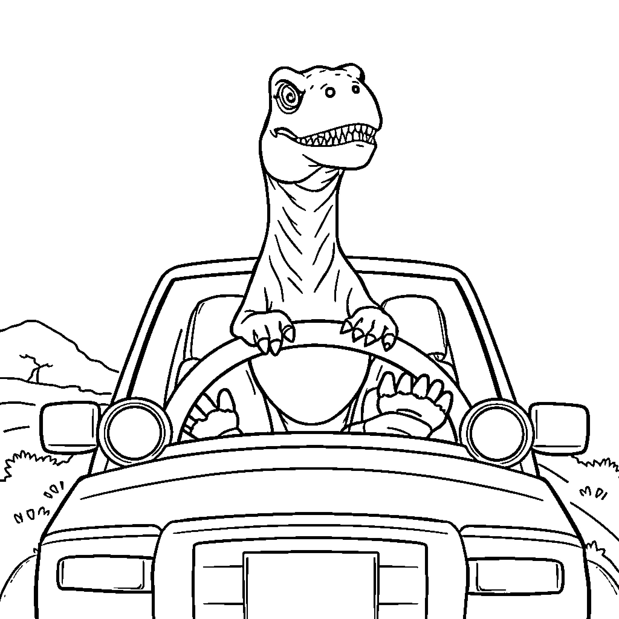 Dinosaur driving a car excitedly Coloring Page (free black-and-white line drawing printable PDF for all, from beginners to advanced learners, including children, teens, adults, and seniors)