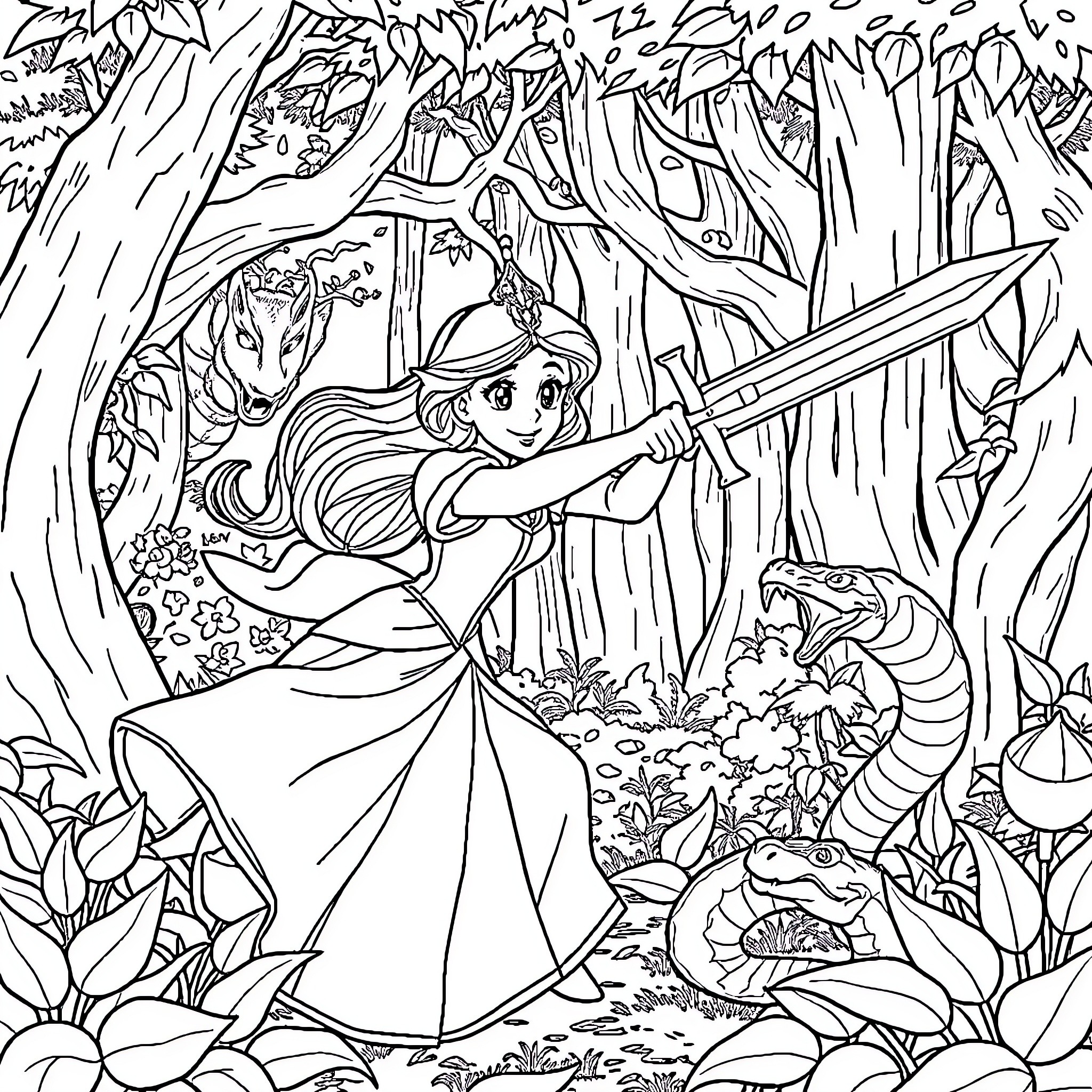 Disney Princess Adventuring in Enchanted Forest Coloring Page (free black-and-white line drawing printable PDF for all, from beginners to advanced learners, including children, teens, adults, and seniors)