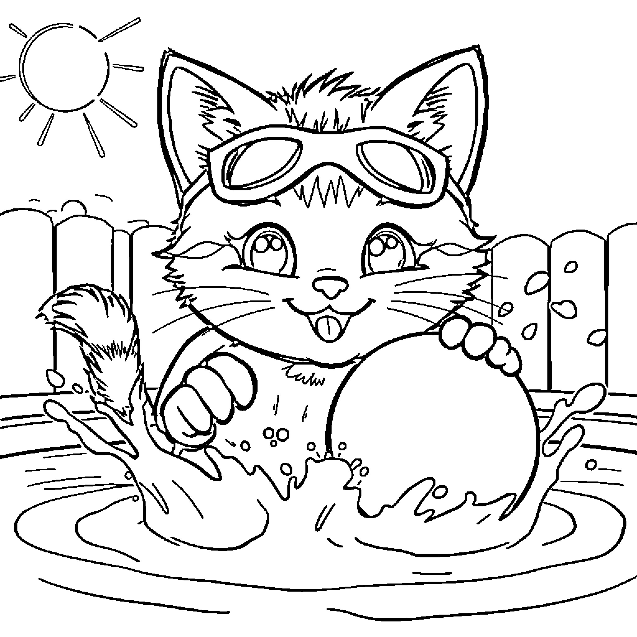 Superkitty plays in a puddle with glee Coloring Page (free black-and-white line drawing printable PDF for all, from beginners to advanced learners, including children, teens, adults, and seniors)