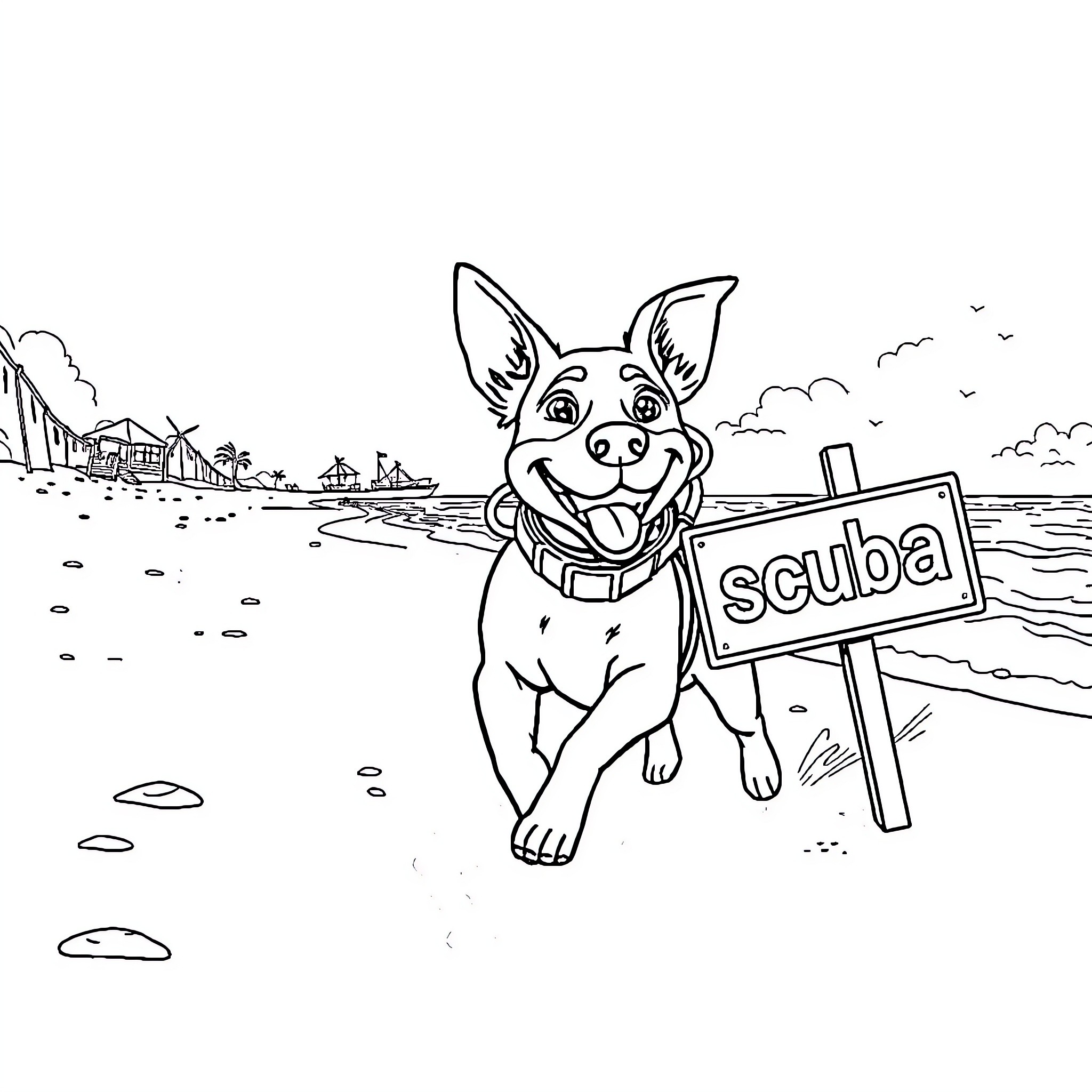 Dog enjoying beach day and scuba diving Coloring Page (free black-and-white line drawing printable PDF for all, from beginners to advanced learners, including children, teens, adults, and seniors)