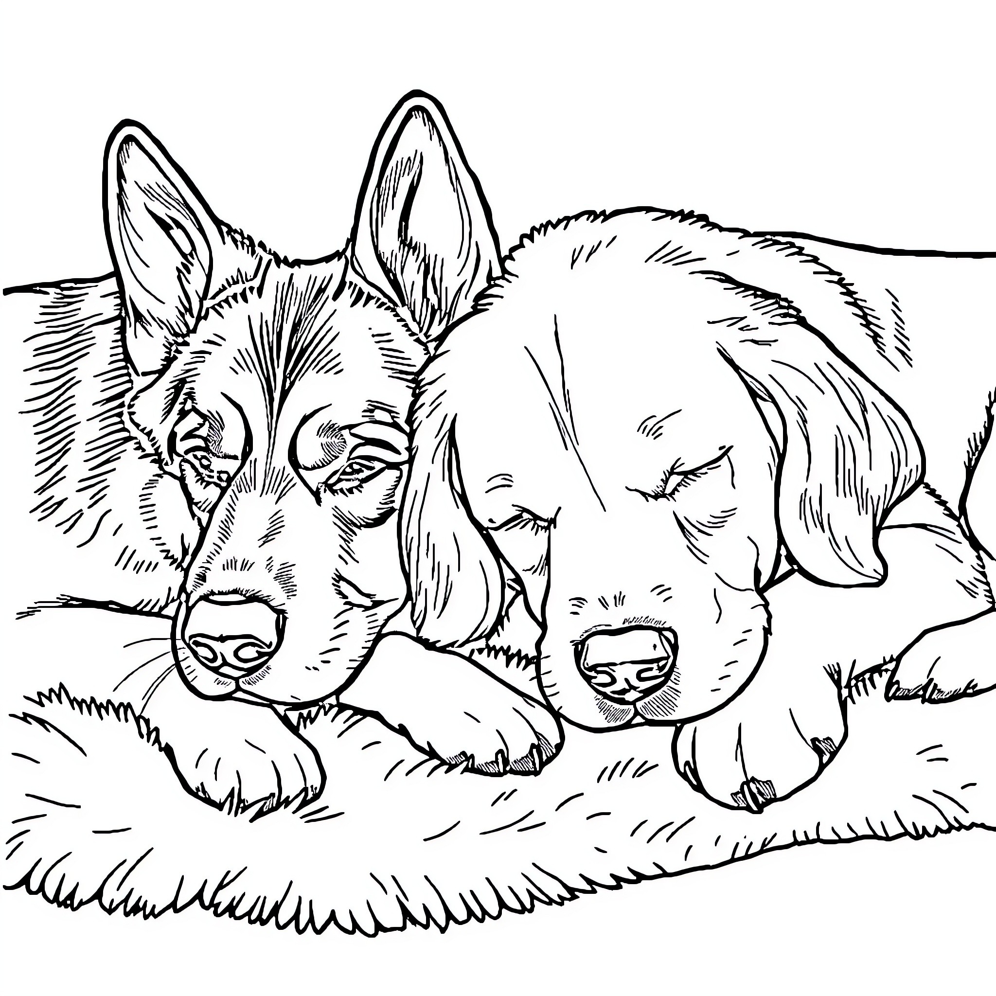 Dog Siblings Resting in the Grass Coloring Page (free black-and-white line drawing printable PDF for all, from beginners to advanced learners, including children, teens, adults, and seniors)