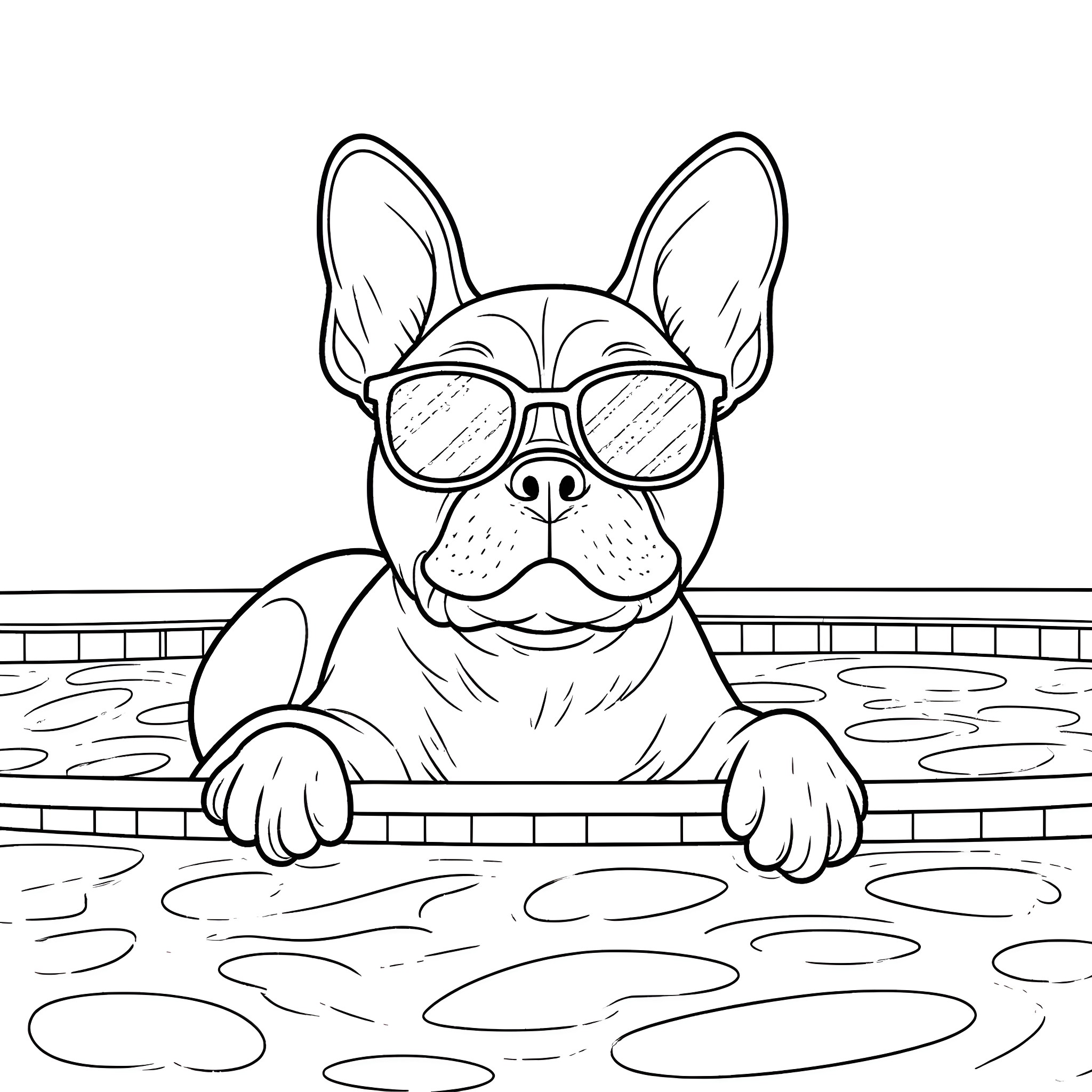 French Bulldog relaxing in pool with sunglasses Coloring Page (free black-and-white line drawing printable PDF for all, from beginners to advanced learners, including children, teens, adults, and seniors)