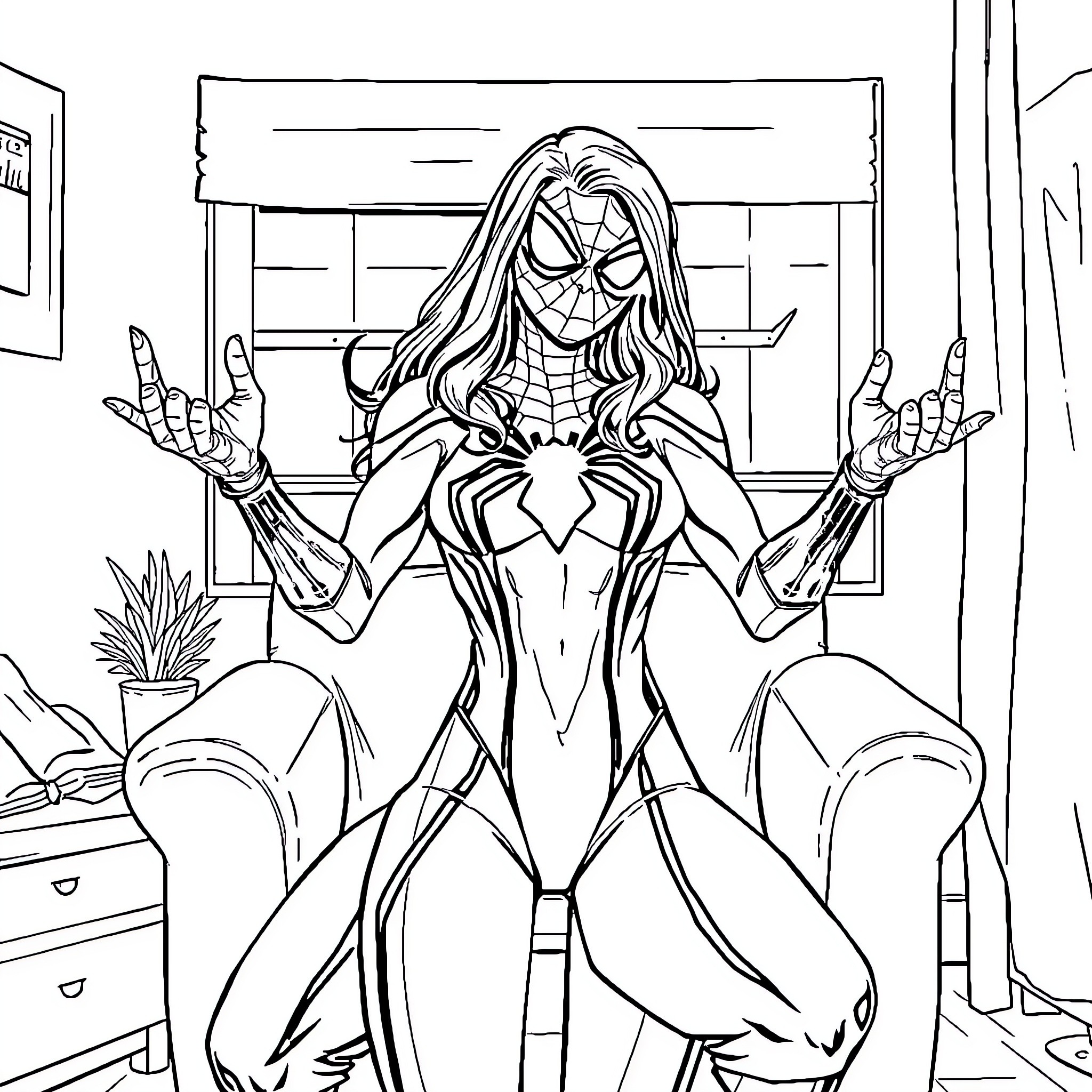 Spider Woman in heroic pose at home Coloring Page (free black-and-white line drawing printable PDF for all, from beginners to advanced learners, including children, teens, adults, and seniors)