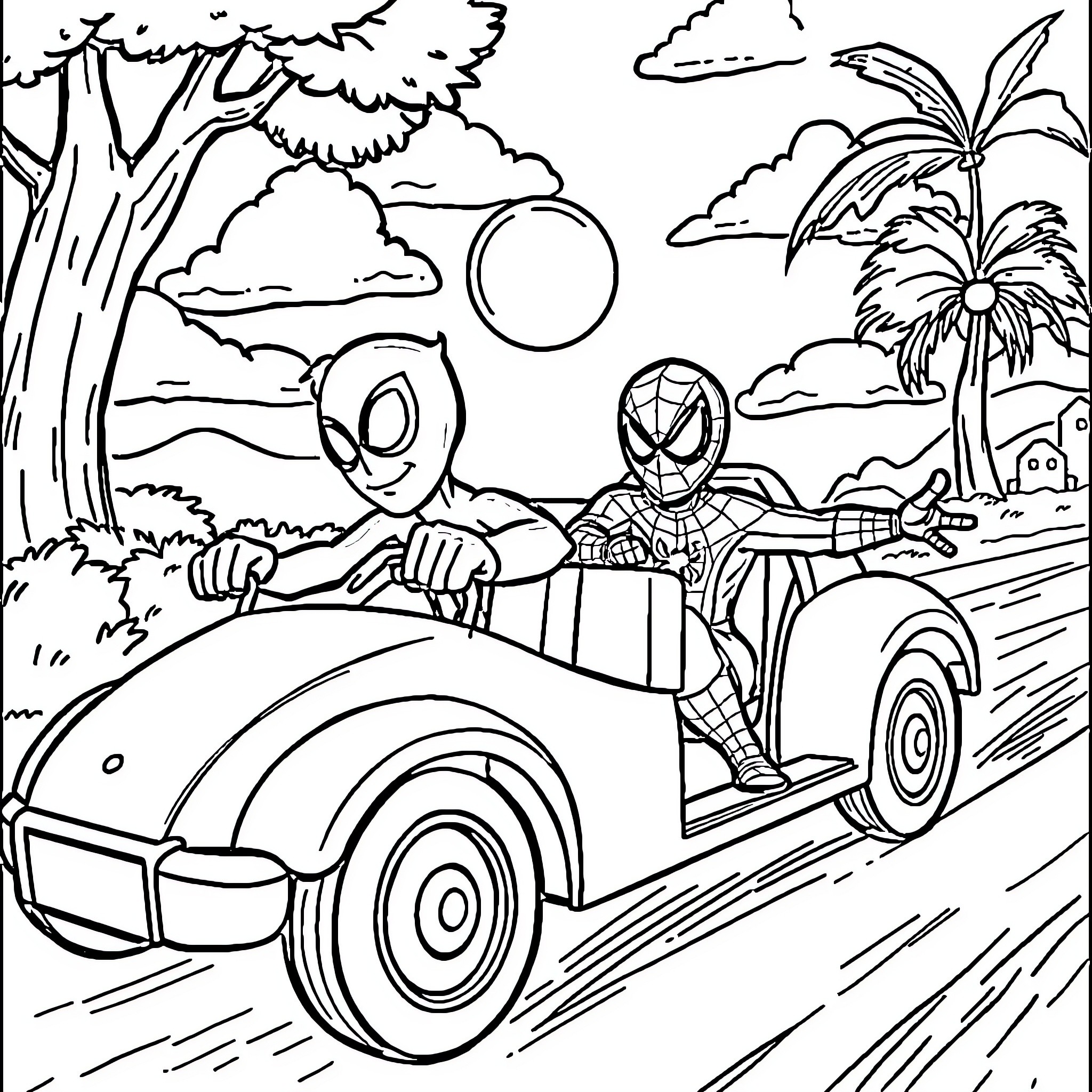 Bluey's Tropical Adventure with Spider-Man Coloring Page (free black-and-white line drawing printable PDF for all, from beginners to advanced learners, including children, teens, adults, and seniors)