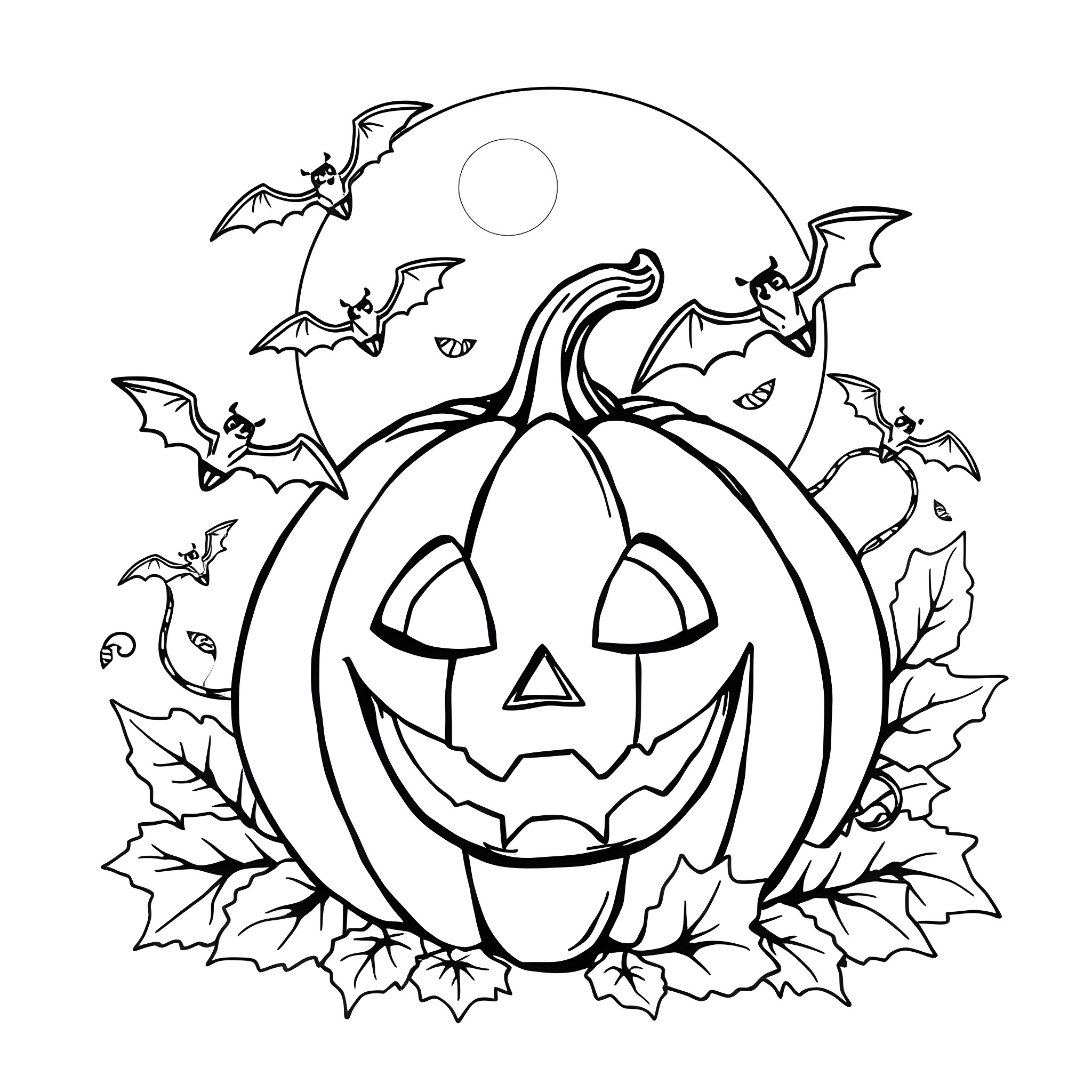 Pumpkin and bats in spooky night scene Coloring Page (free black-and-white line drawing printable PDF for all, from beginners to advanced learners, including children, teens, adults, and seniors)