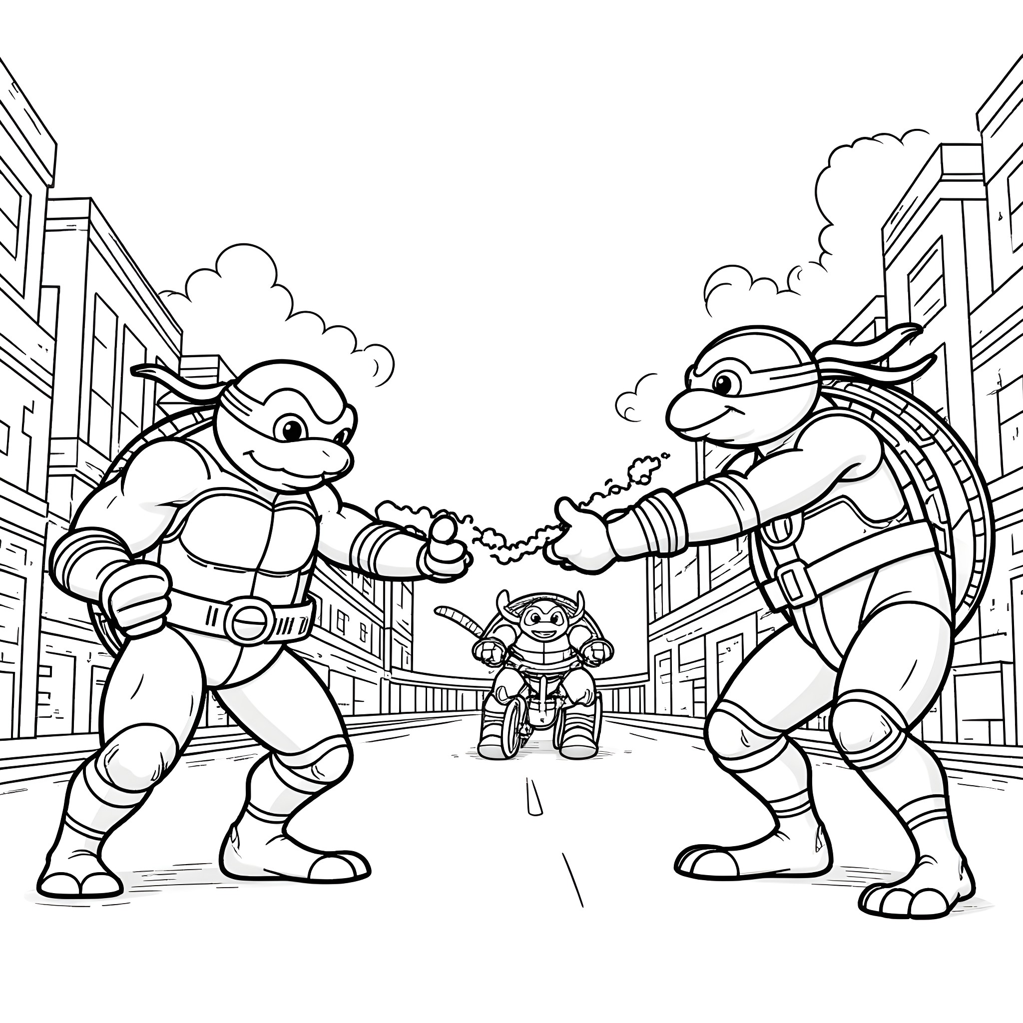 Ninja Turtles battling in the city streets Coloring Page (free black-and-white line drawing printable PDF for all, from beginners to advanced learners, including children, teens, adults, and seniors)