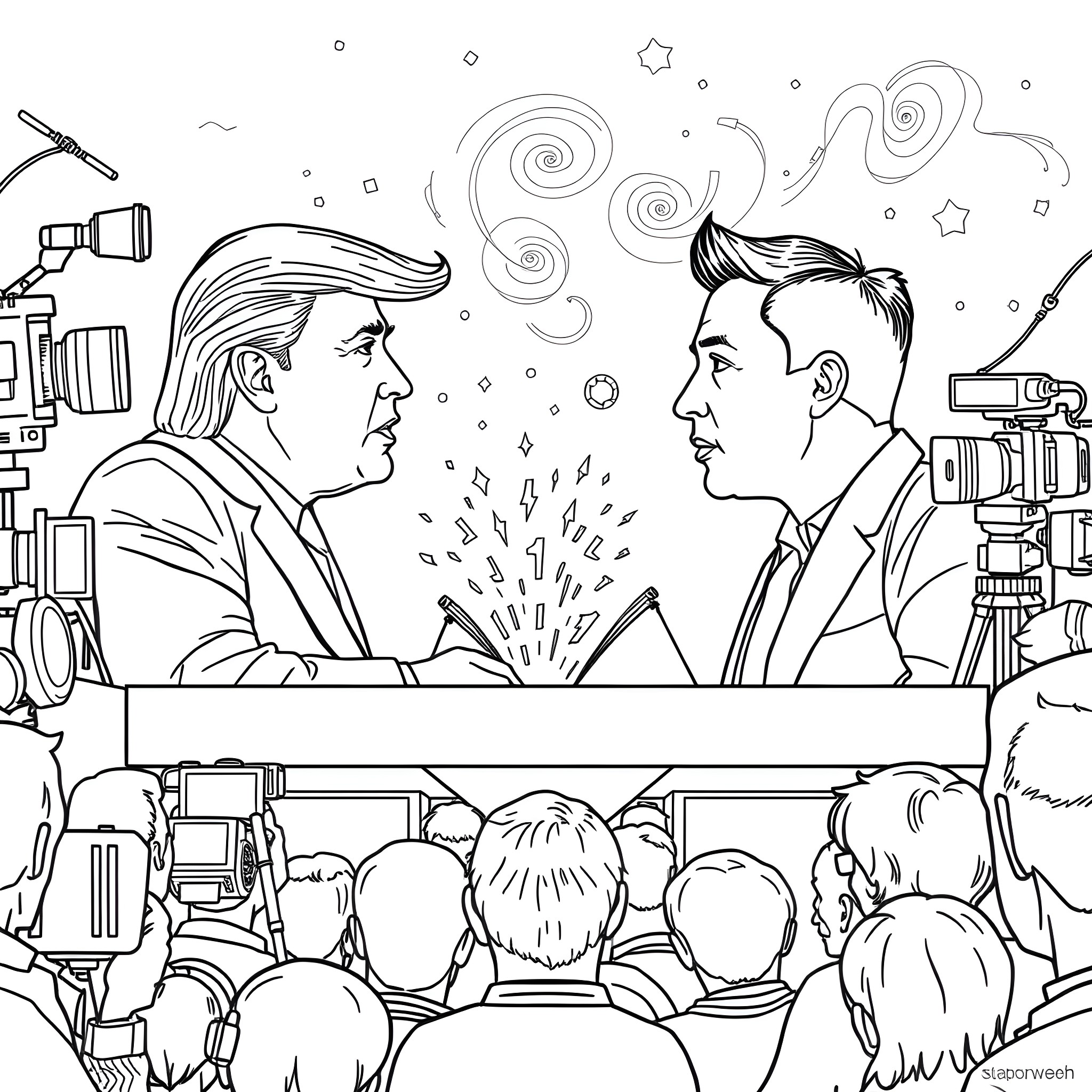 Trump Debating with Opponent at a Political Rally Coloring Page (free black-and-white line drawing printable PDF for all, from beginners to advanced learners, including children, teens, adults, and seniors)
