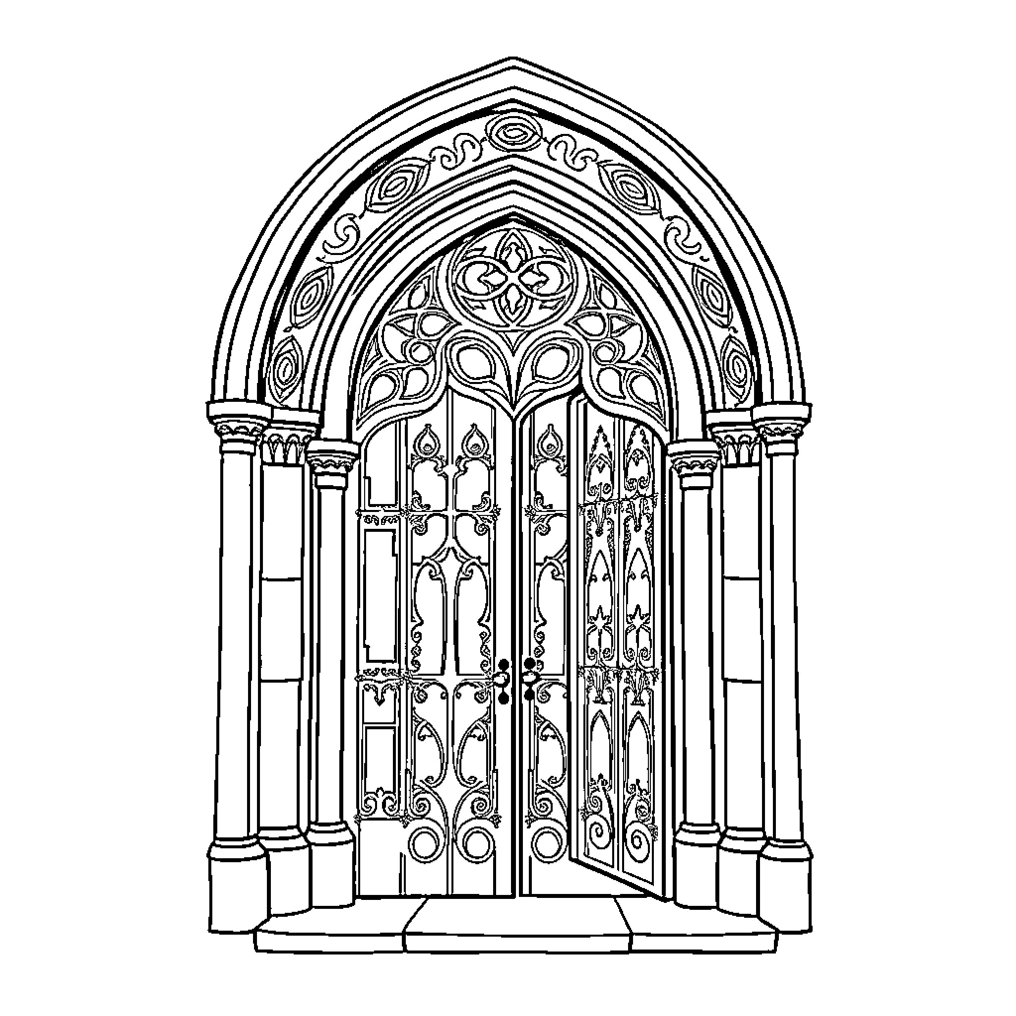 Door to an ornate gothic cathedral Coloring Page (free black-and-white line drawing printable PDF for all, from beginners to advanced learners, including children, teens, adults, and seniors)
