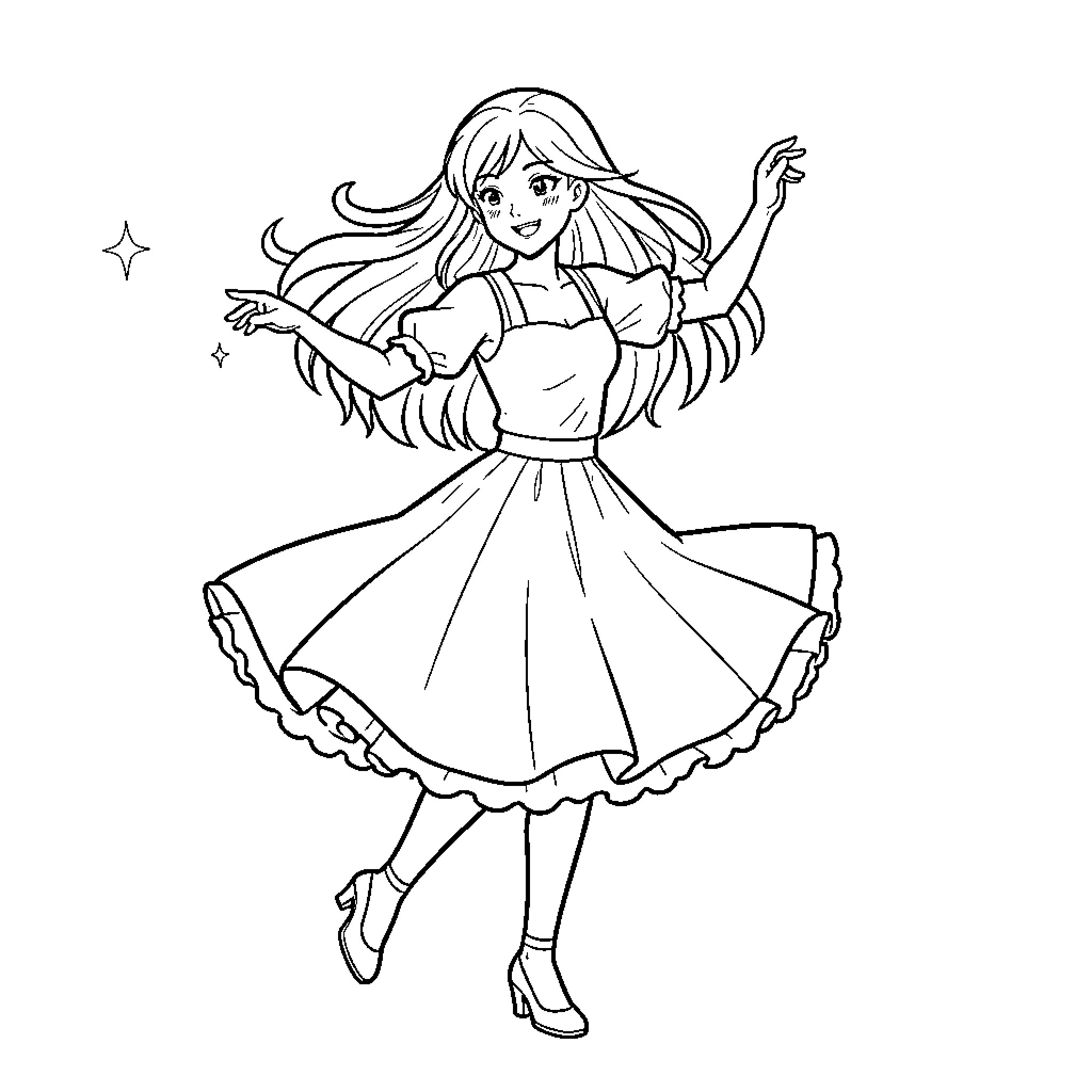 Nanass happy girl dancing joyfully in a flowing dress Coloring Page (free black-and-white line drawing printable PDF for all, from beginners to advanced learners, including children, teens, adults, and seniors)