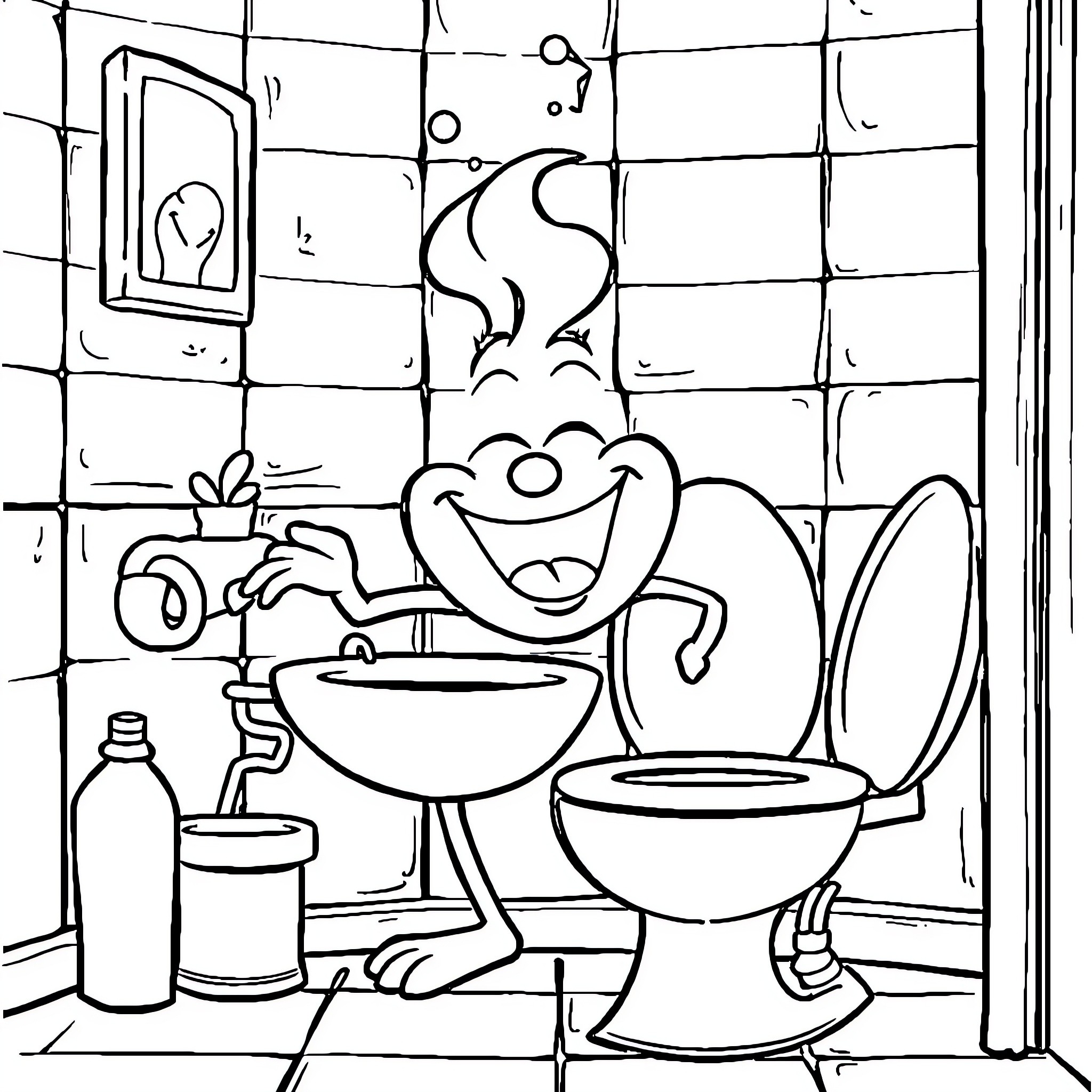 Bob l'éponge in his funny bathroom routine Coloring Page (free black-and-white line drawing printable PDF for all, from beginners to advanced learners, including children, teens, adults, and seniors)