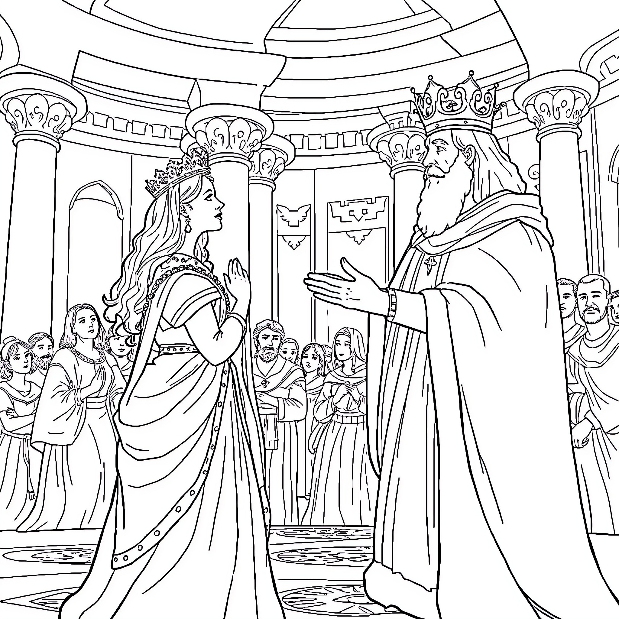 Esther presented to the king in royal court Coloring Page (free black-and-white line drawing printable PDF for all, from beginners to advanced learners, including children, teens, adults, and seniors)