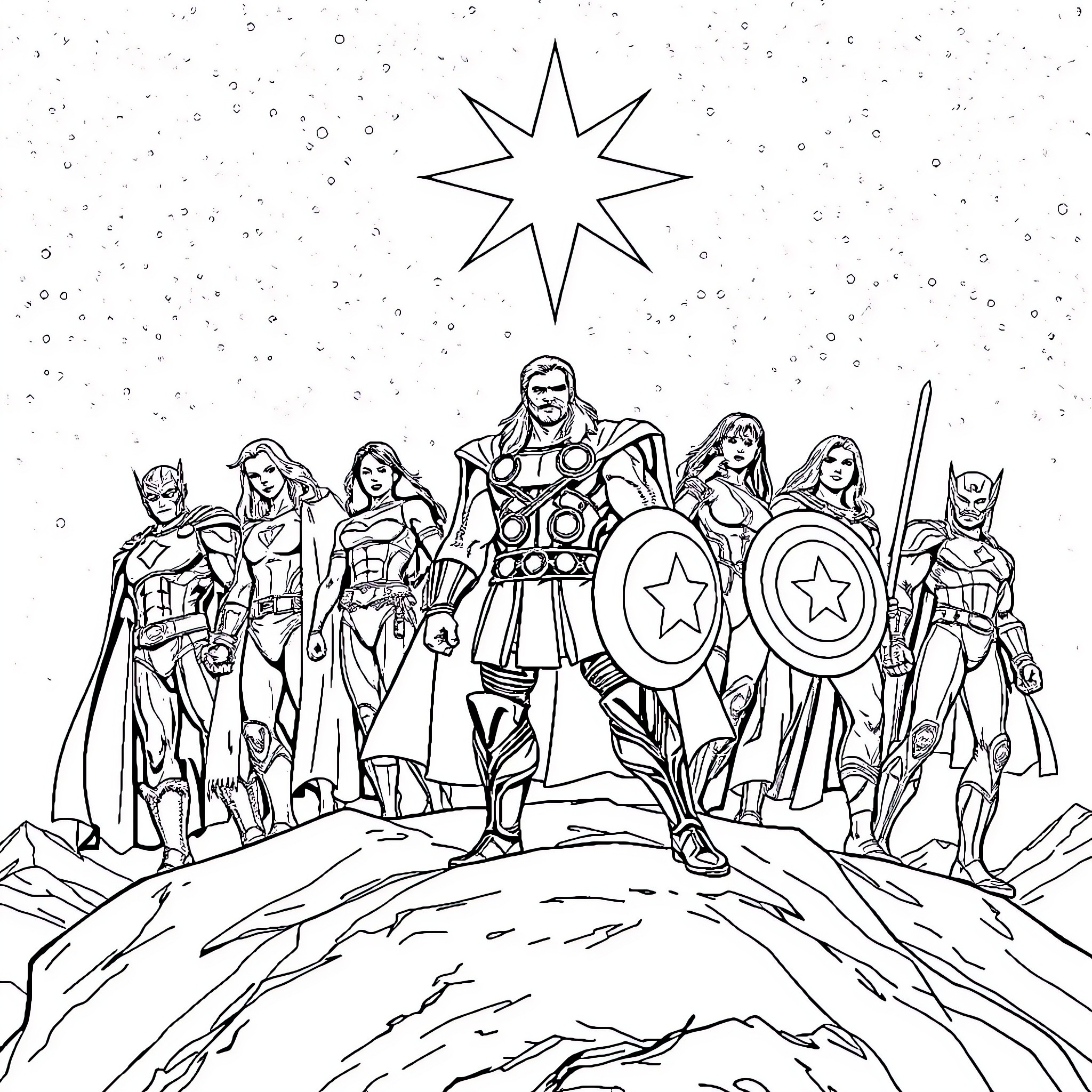 Thor and the Heroic Avengers in Action Coloring Page (free black-and-white line drawing printable PDF for all, from beginners to advanced learners, including children, teens, adults, and seniors)