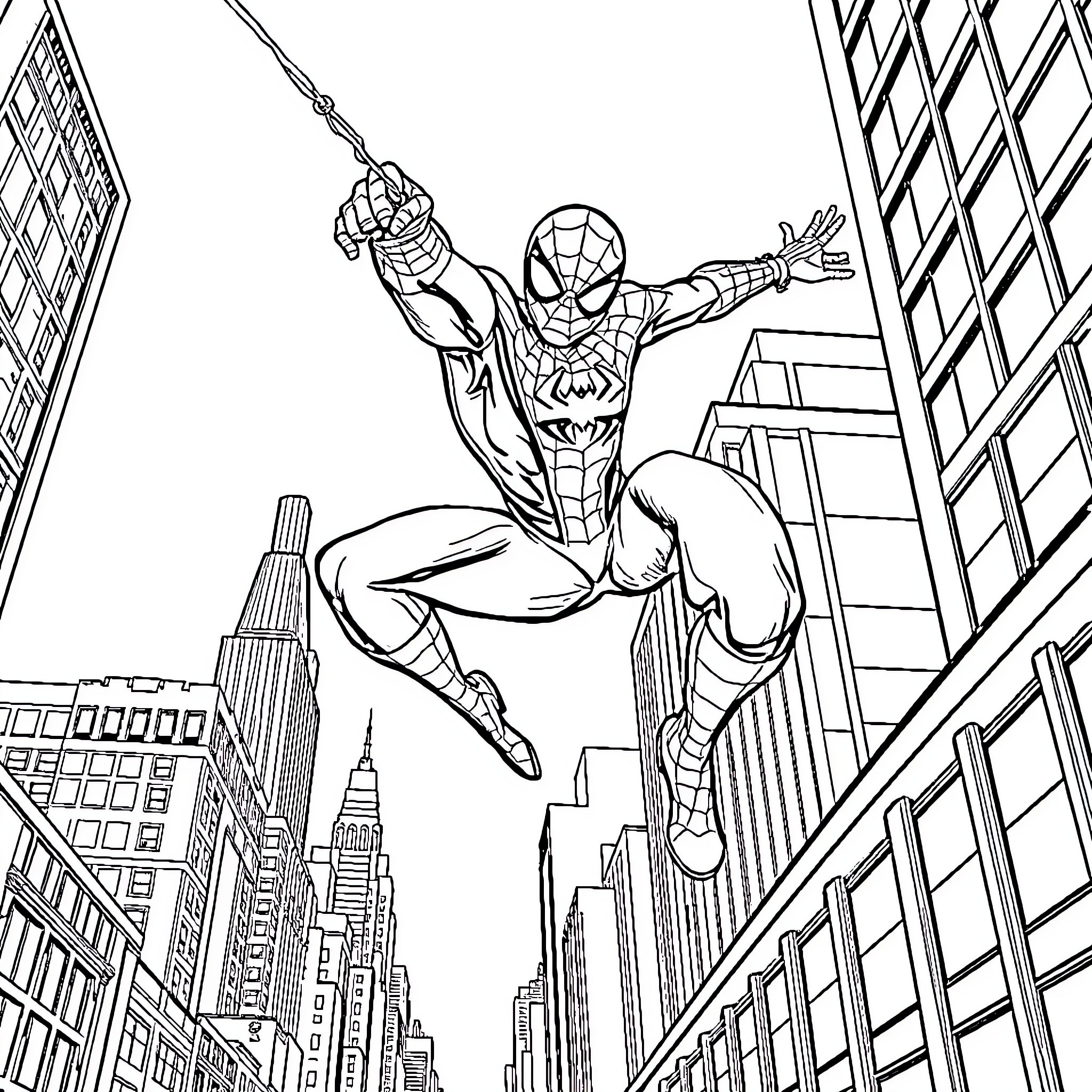 Spiderman swinging through the city skyline Coloring Page (free black-and-white line drawing printable PDF for all, from beginners to advanced learners, including children, teens, adults, and seniors)