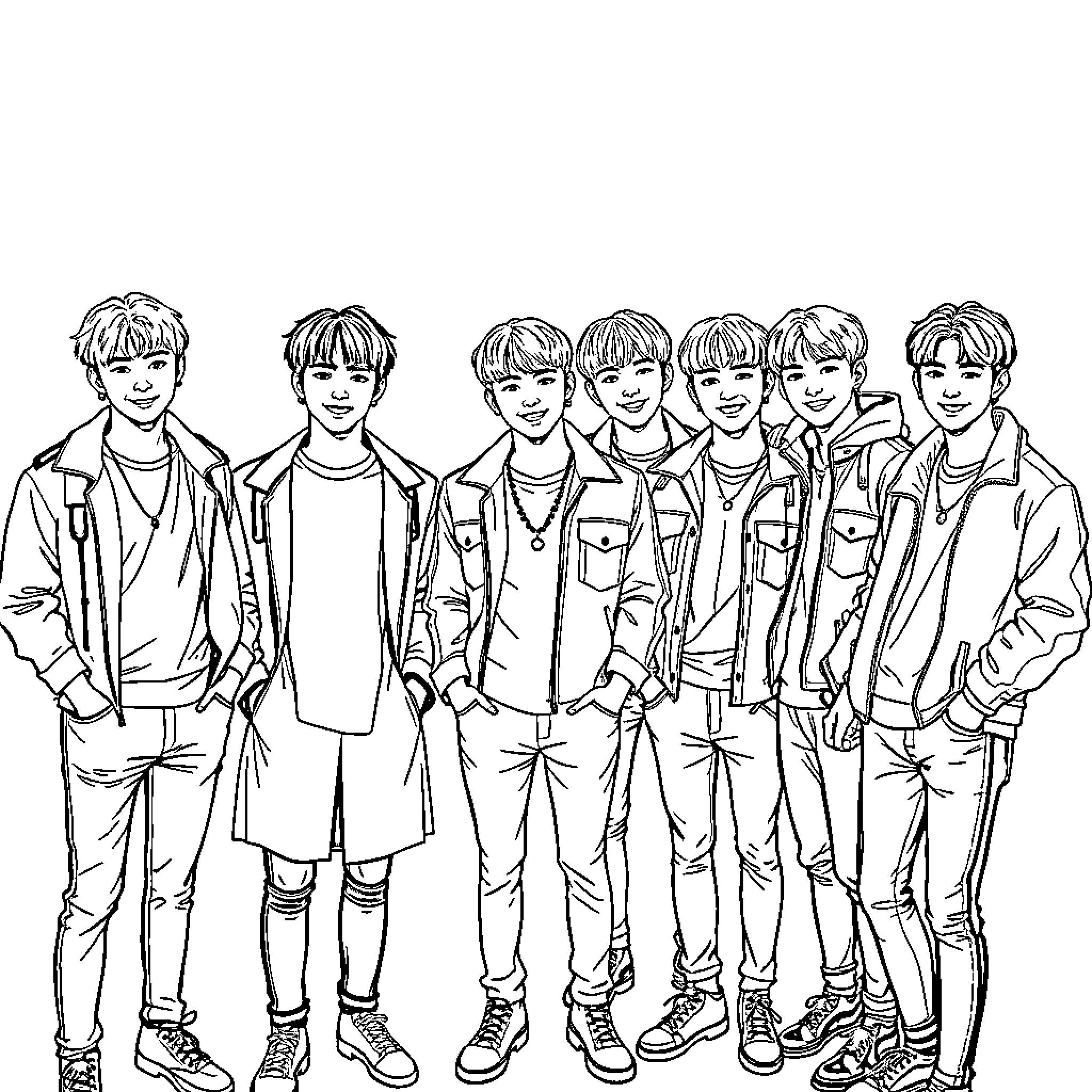 BTS Members Posing Together in Casual Outfits Coloring Page (free black-and-white line drawing printable PDF for all, from beginners to advanced learners, including children, teens, adults, and seniors)