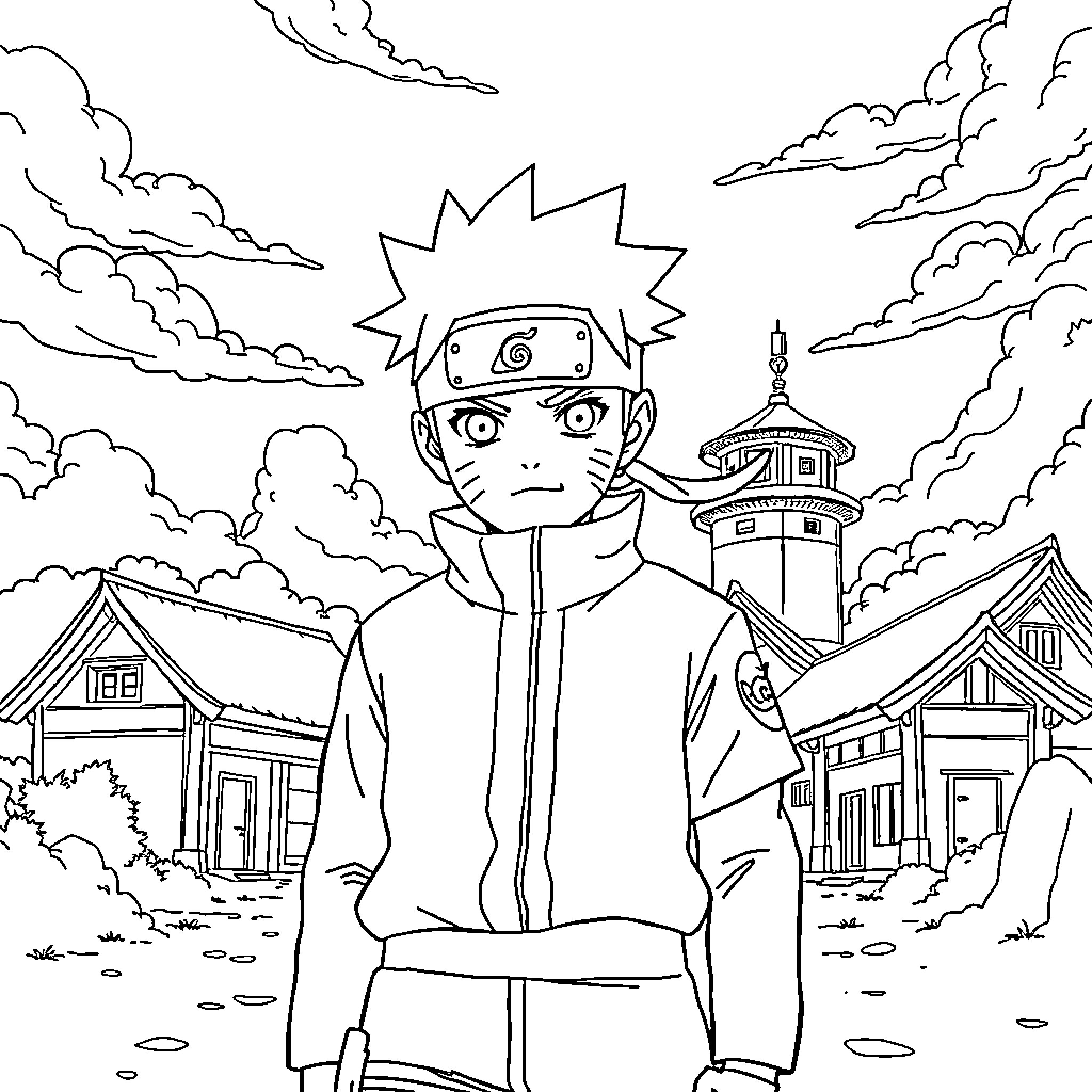 Naruto standing in a village scene Coloring Page (free black-and-white line drawing printable PDF for all, from beginners to advanced learners, including children, teens, adults, and seniors)