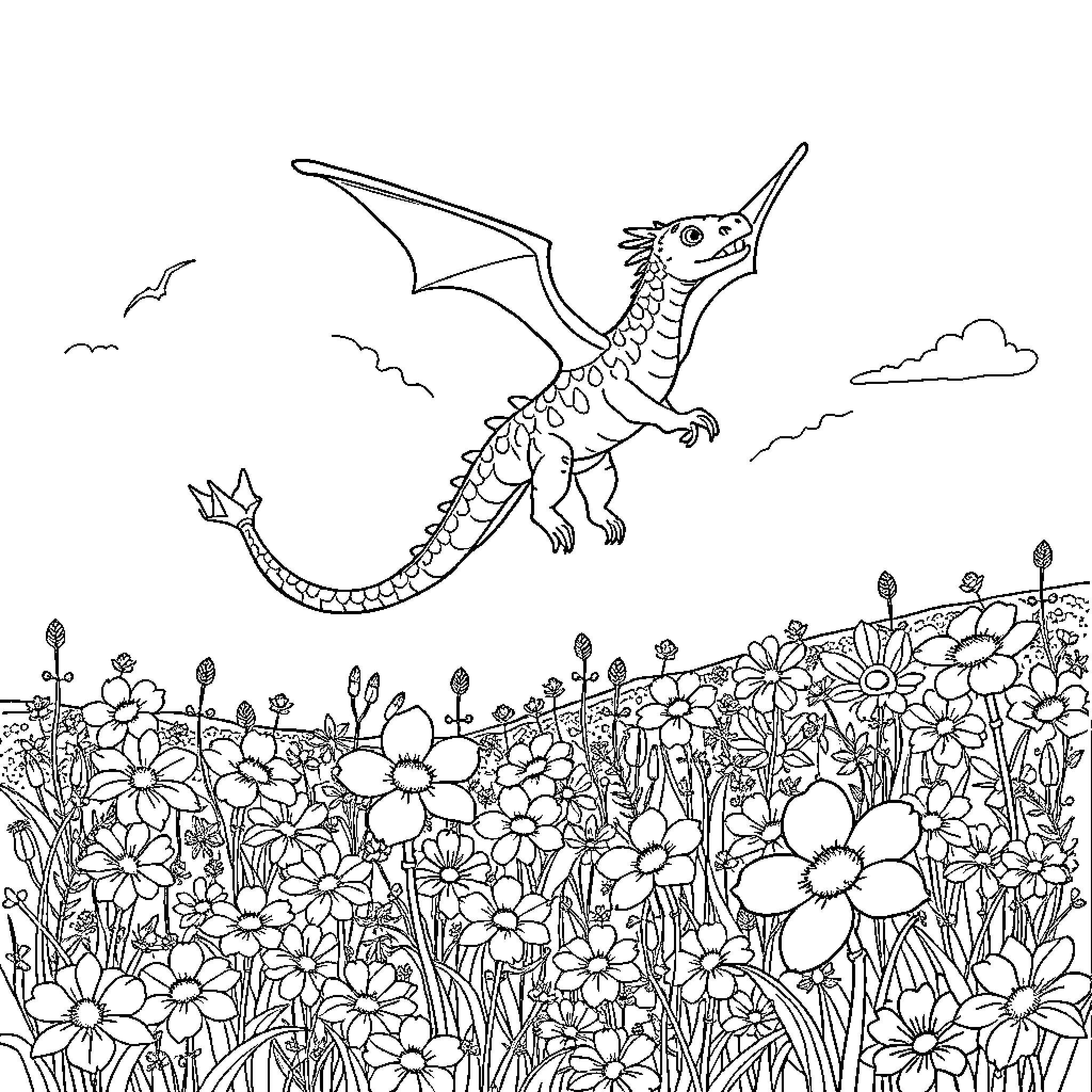 Dragonite soaring over a vibrant wildflower meadow Coloring Page (free black-and-white line drawing printable PDF for all, from beginners to advanced learners, including children, teens, adults, and seniors)