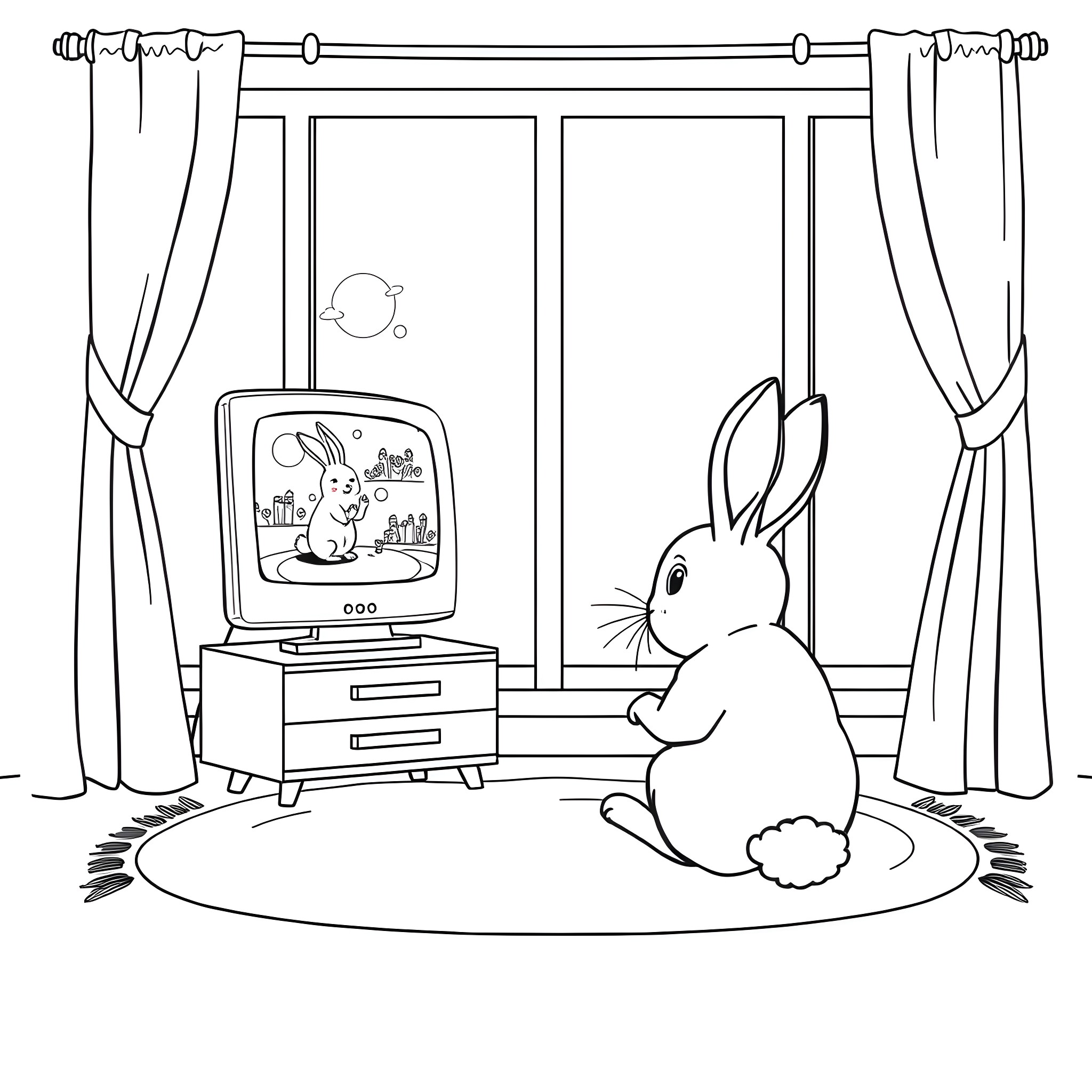 Bunny enjoying television in a cozy room Coloring Page (free black-and-white line drawing printable PDF for all, from beginners to advanced learners, including children, teens, adults, and seniors)