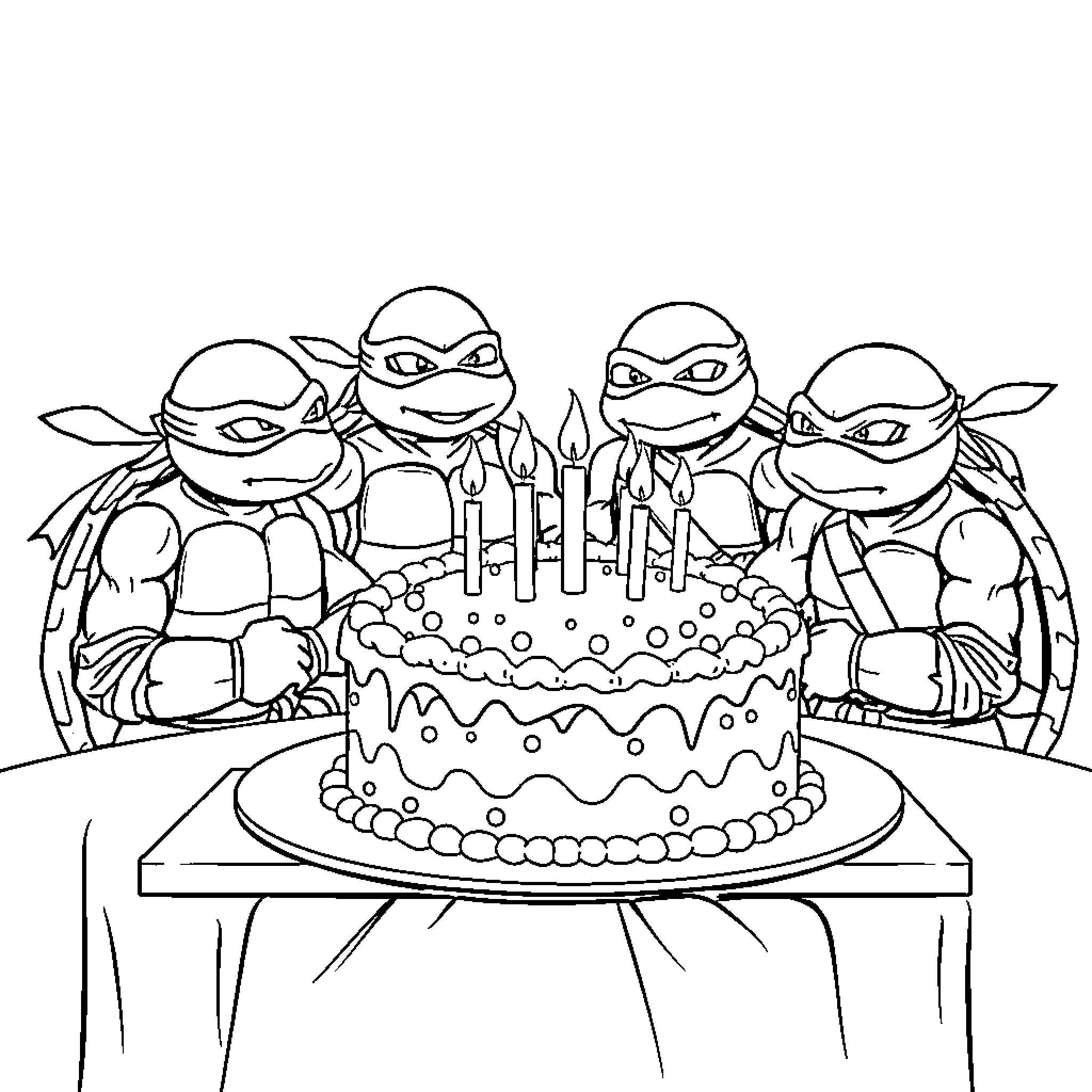 Ninja Turtle celebrate birthday with cake Coloring Page (free black-and-white line drawing printable PDF for all, from beginners to advanced learners, including children, teens, adults, and seniors)