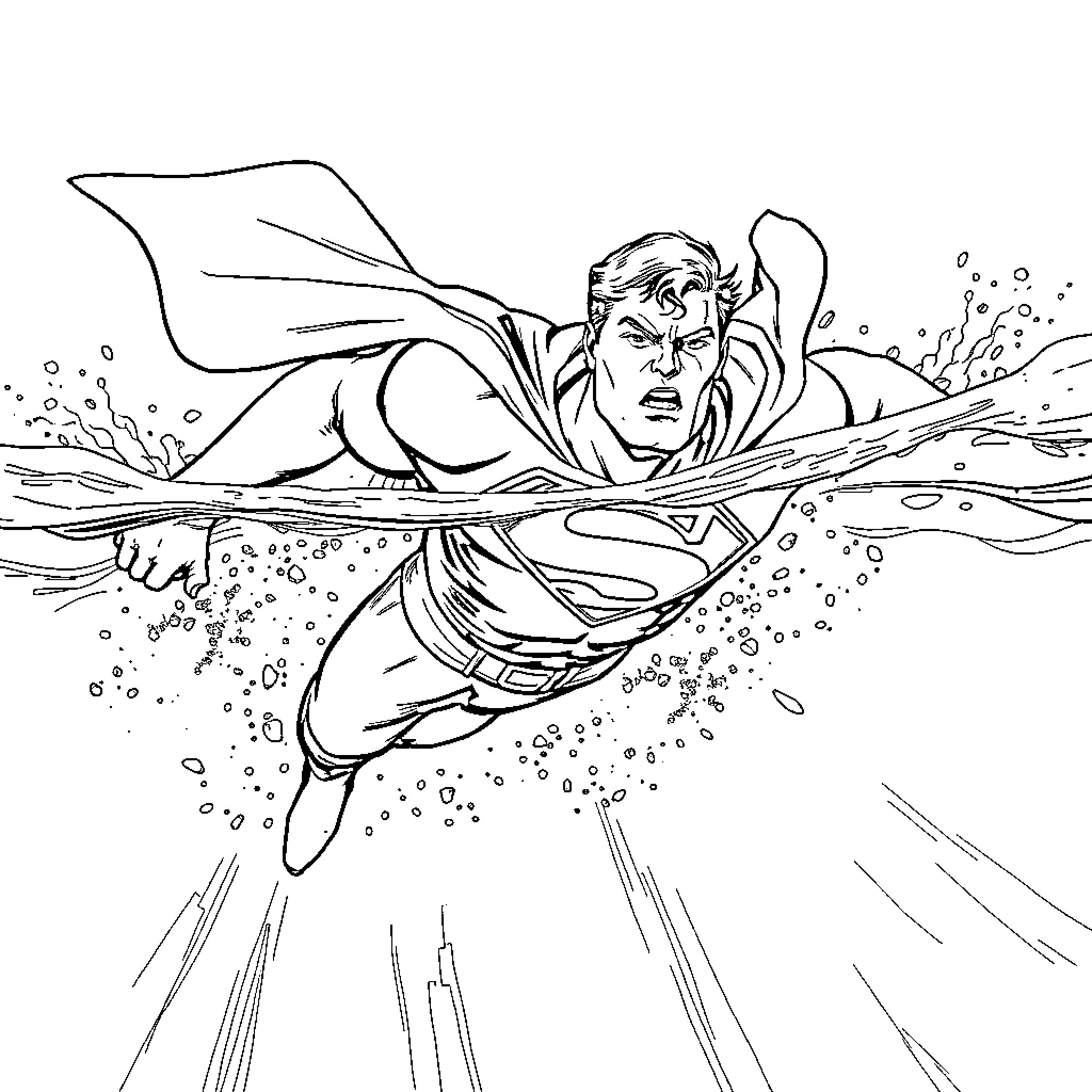 Superman soaring through the air with determination Coloring Page (free black-and-white line drawing printable PDF for all, from beginners to advanced learners, including children, teens, adults, and seniors)