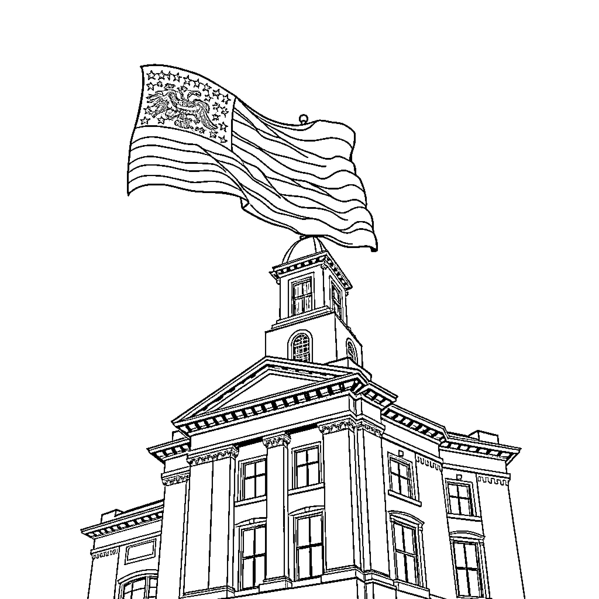 Flag flying proudly atop historic building Coloring Page (free black-and-white line drawing printable PDF for all, from beginners to advanced learners, including children, teens, adults, and seniors)