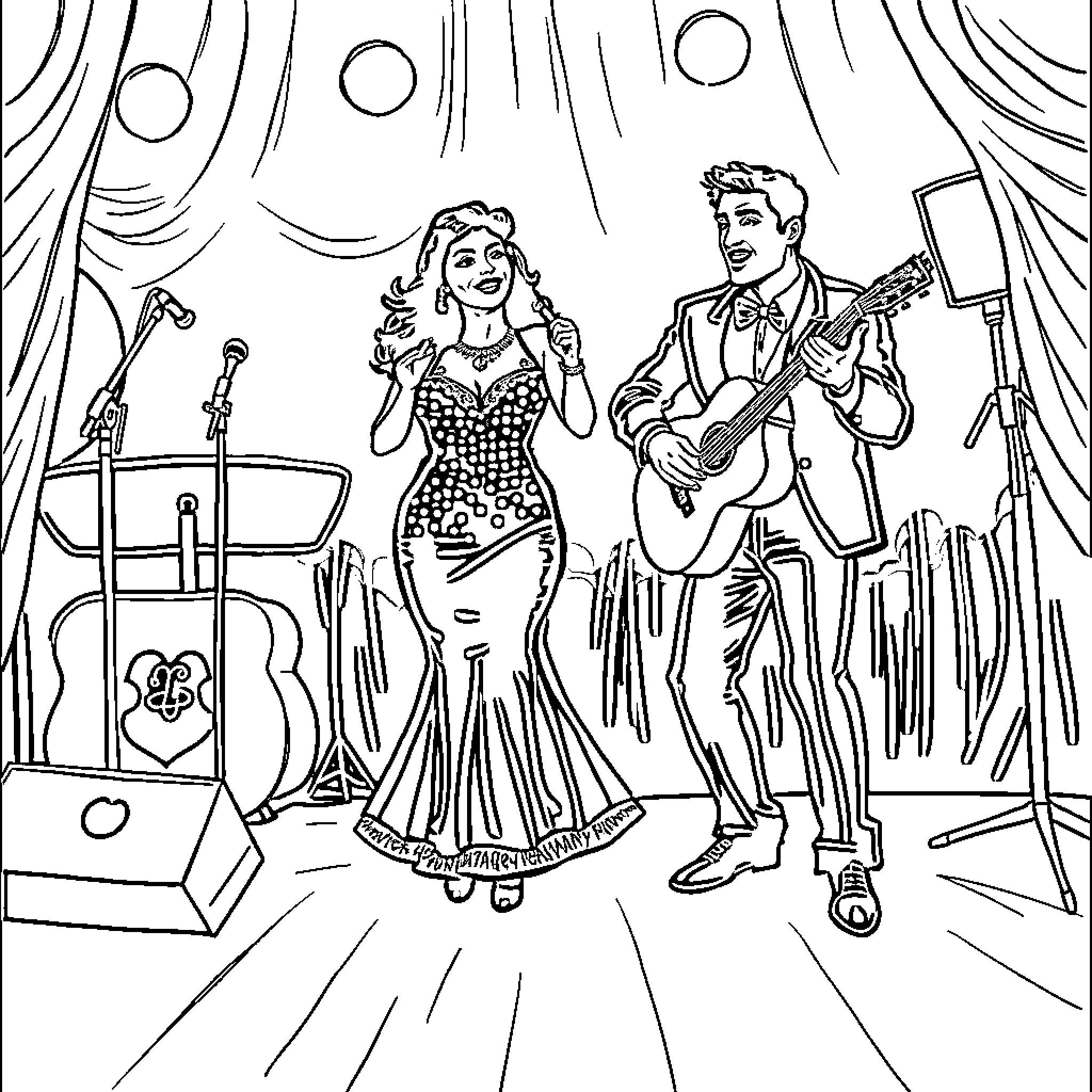 Sonora Poncent Couple Performing on Stage Coloring Page (free black-and-white line drawing printable PDF for all, from beginners to advanced learners, including children, teens, adults, and seniors)