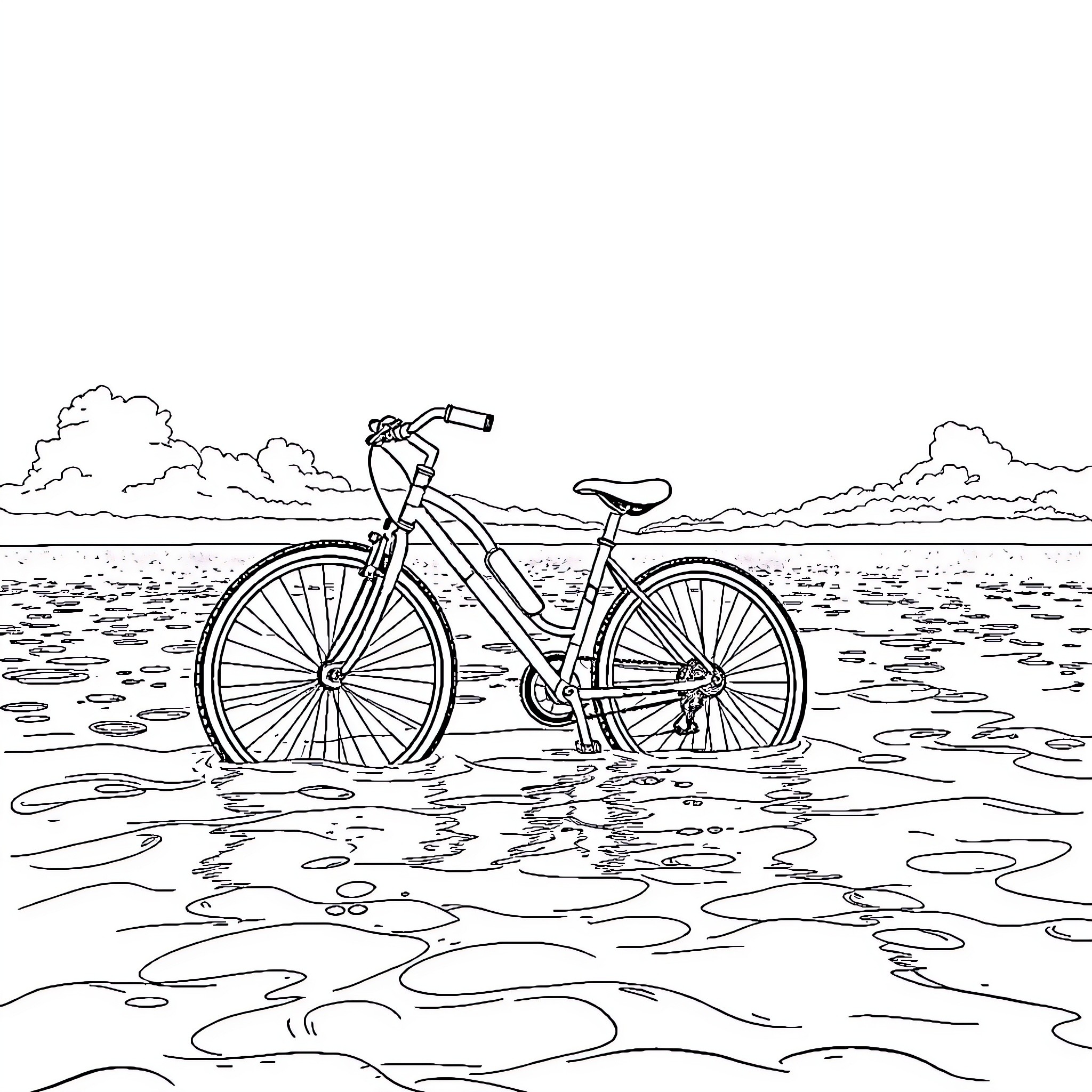 Bicycle riding through puddle on a cloudy day Coloring Page (free black-and-white line drawing printable PDF for all, from beginners to advanced learners, including children, teens, adults, and seniors)