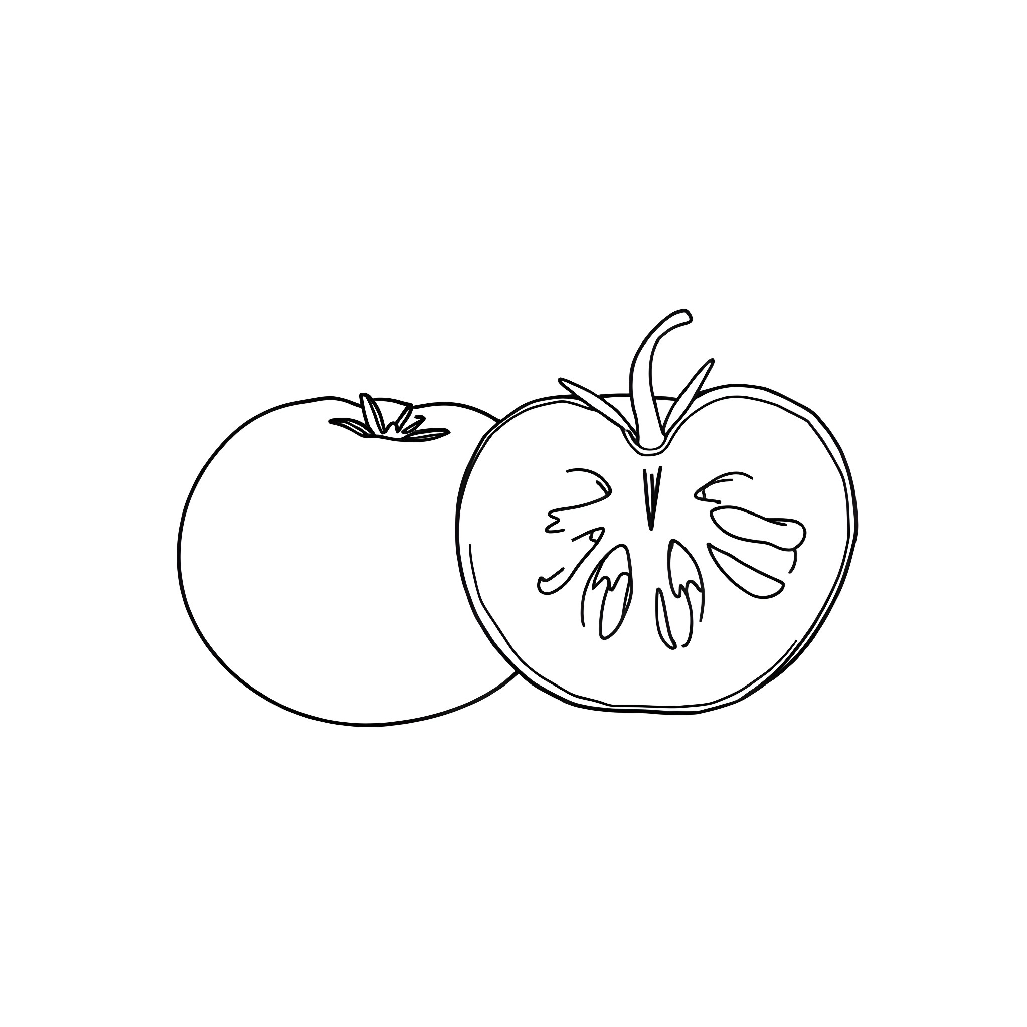Tomato half cut revealing insides Coloring Page (free black-and-white line drawing printable PDF for all, from beginners to advanced learners, including children, teens, adults, and seniors)