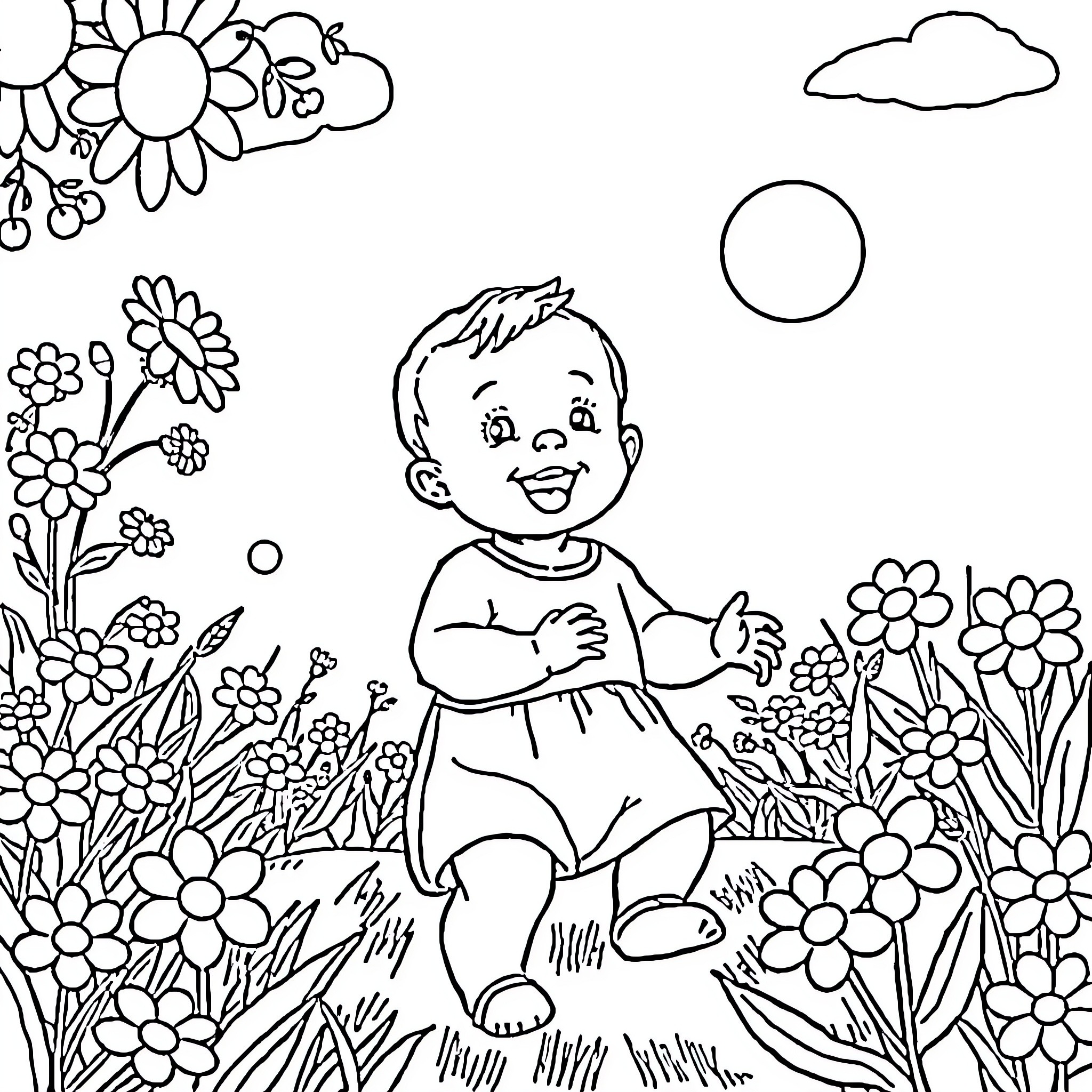 Baby exploring a colorful floral garden Coloring Page (free black-and-white line drawing printable PDF for all, from beginners to advanced learners, including children, teens, adults, and seniors)