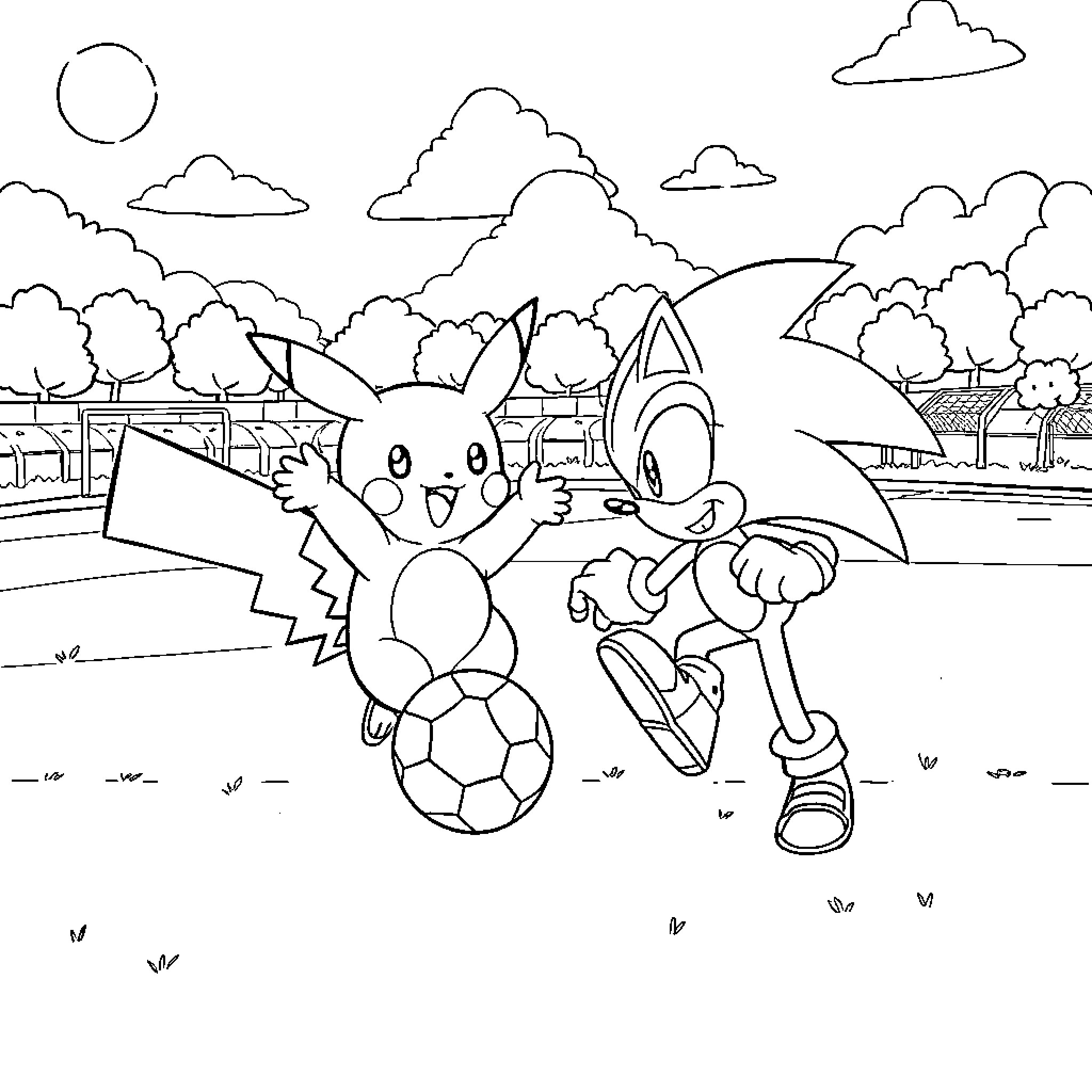 Pikachu and Sonic playing soccer in the park Coloring Page (free black-and-white line drawing printable PDF for all, from beginners to advanced learners, including children, teens, adults, and seniors)