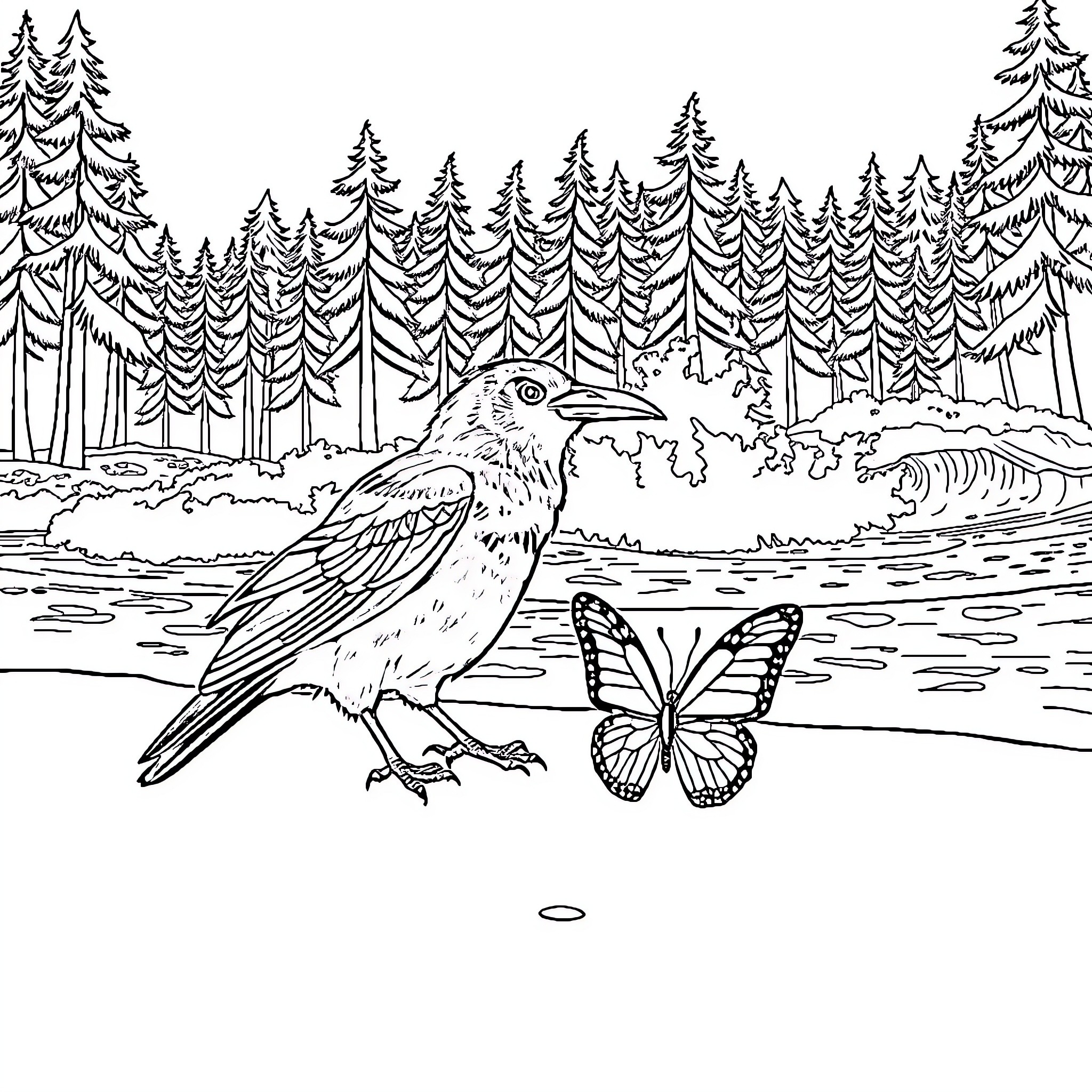 Raven observing butterfly in forest landscape Coloring Page (free black-and-white line drawing printable PDF for all, from beginners to advanced learners, including children, teens, adults, and seniors)