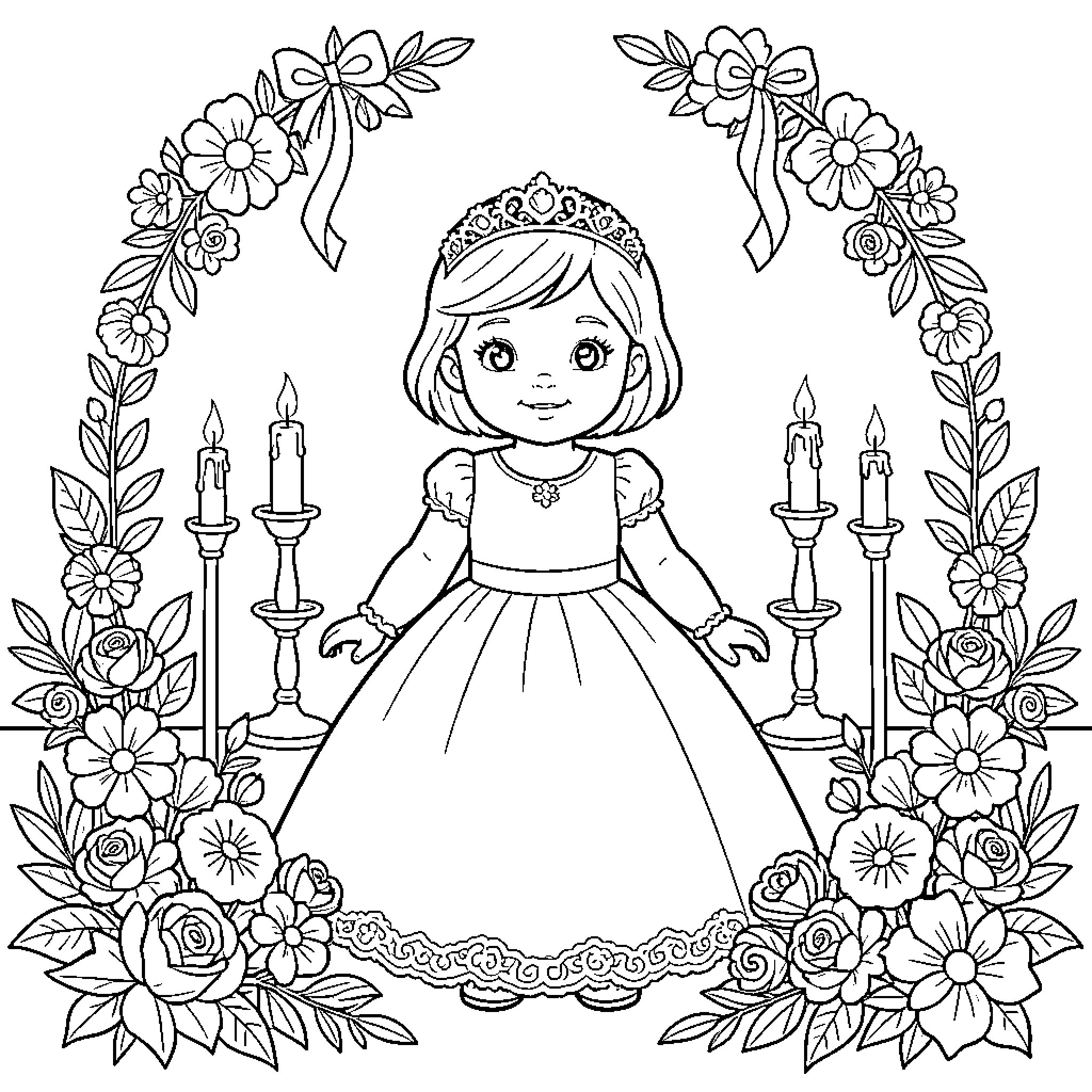 Bautizo of a Joyous Young Girl with Floral Decor Coloring Page (free black-and-white line drawing printable PDF for all, from beginners to advanced learners, including children, teens, adults, and seniors)