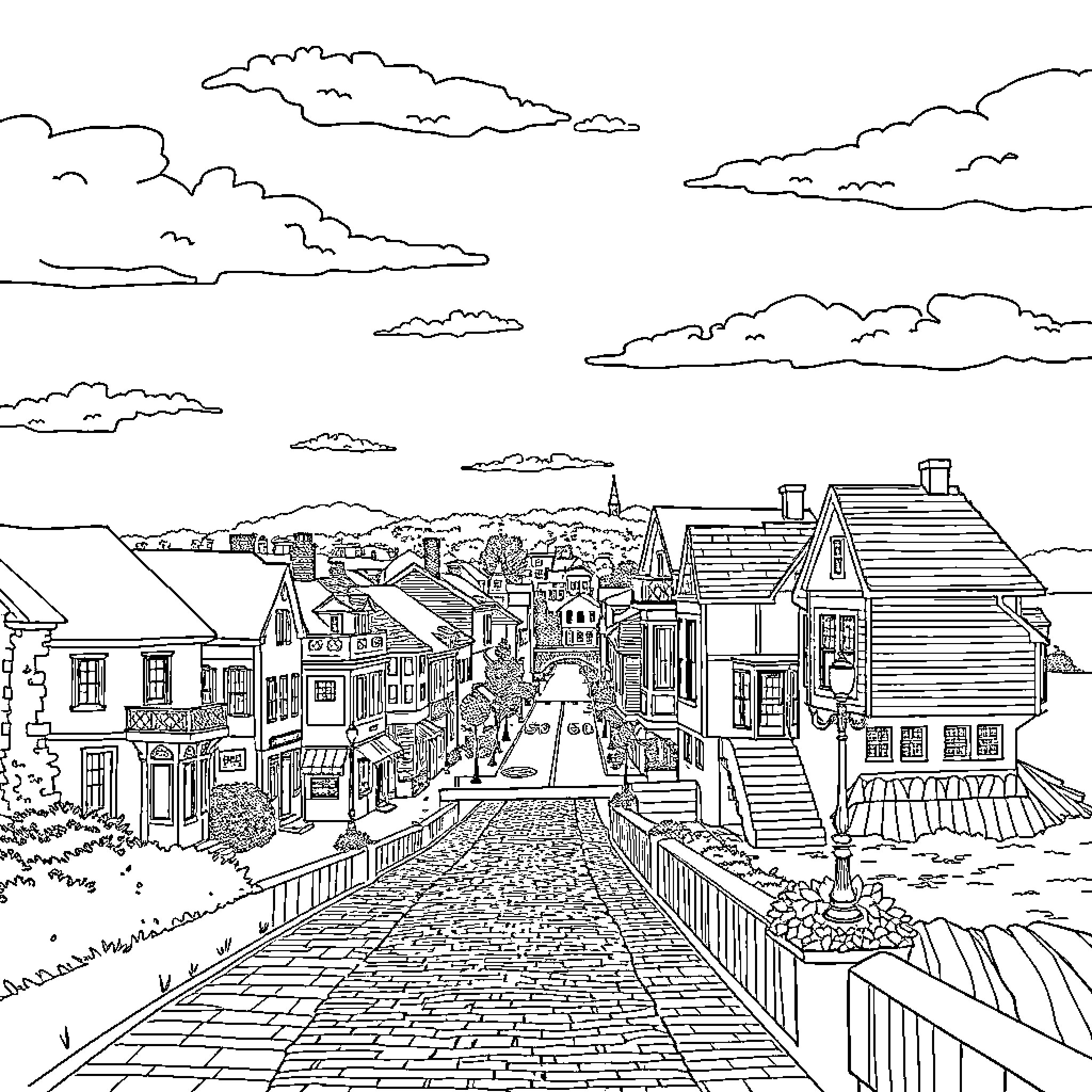 Greenwich Town Skyline with Cobblestone Street Coloring Page (free black-and-white line drawing printable PDF for all, from beginners to advanced learners, including children, teens, adults, and seniors)