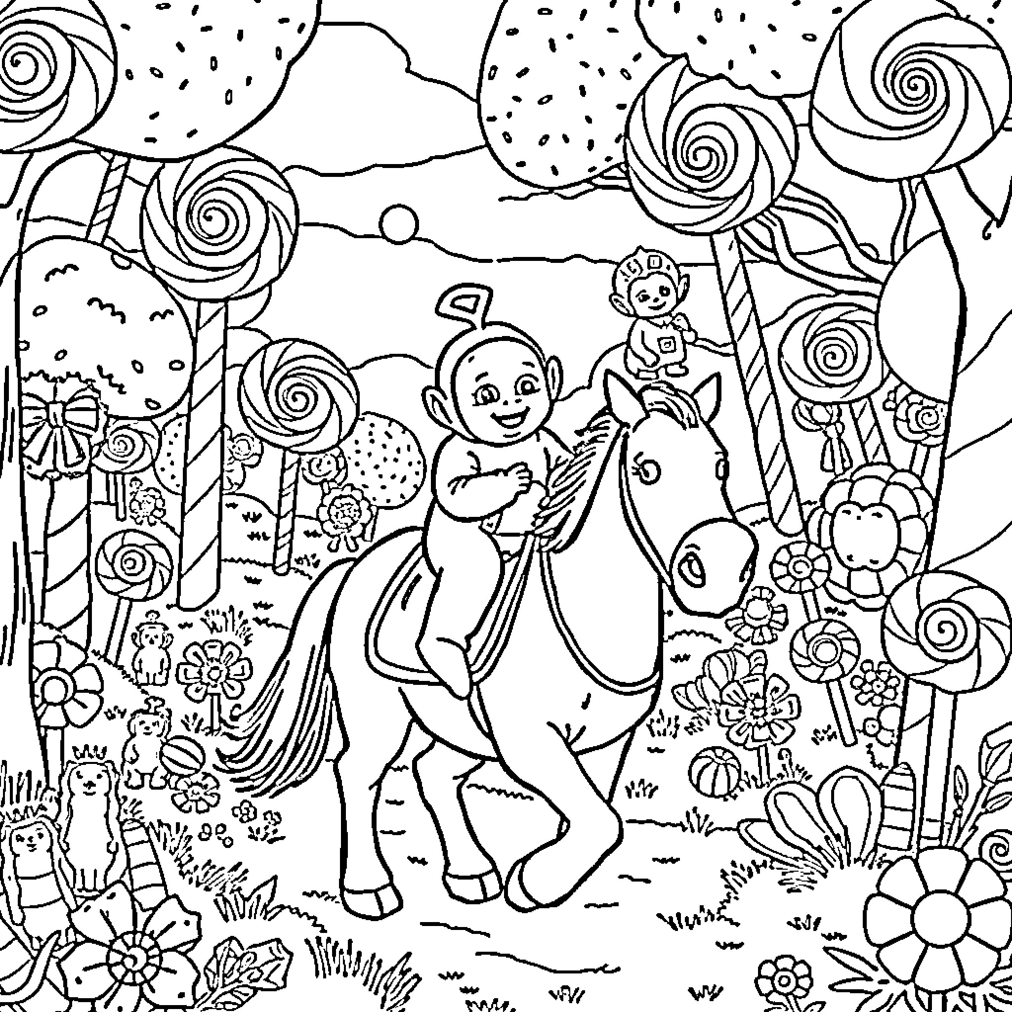 Teletubbies frolicking in a whimsical garden Coloring Page (free black-and-white line drawing printable PDF for all, from beginners to advanced learners, including children, teens, adults, and seniors)