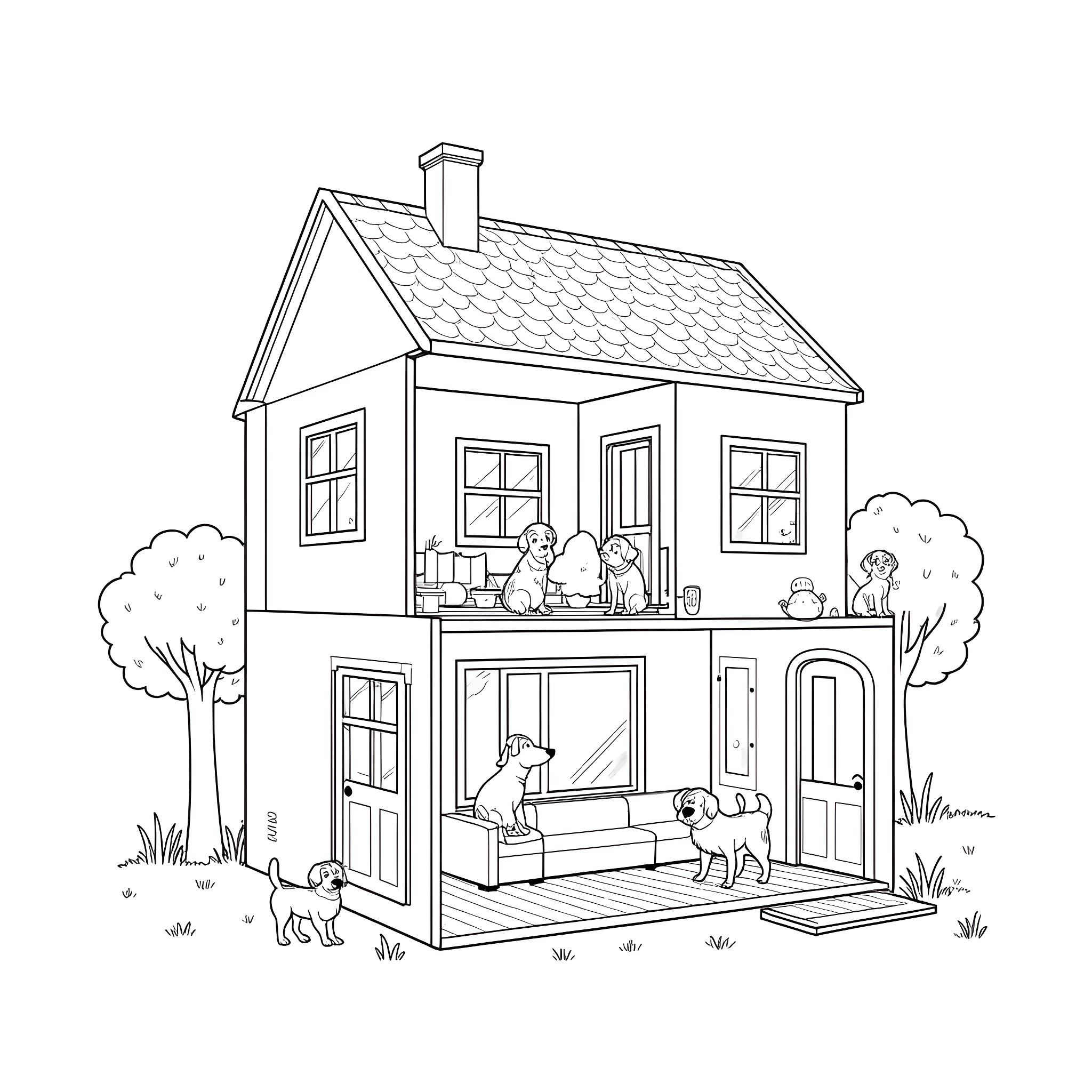 Dollhouse with family and pets Coloring Page (free black-and-white line drawing printable PDF for all, from beginners to advanced learners, including children, teens, adults, and seniors)